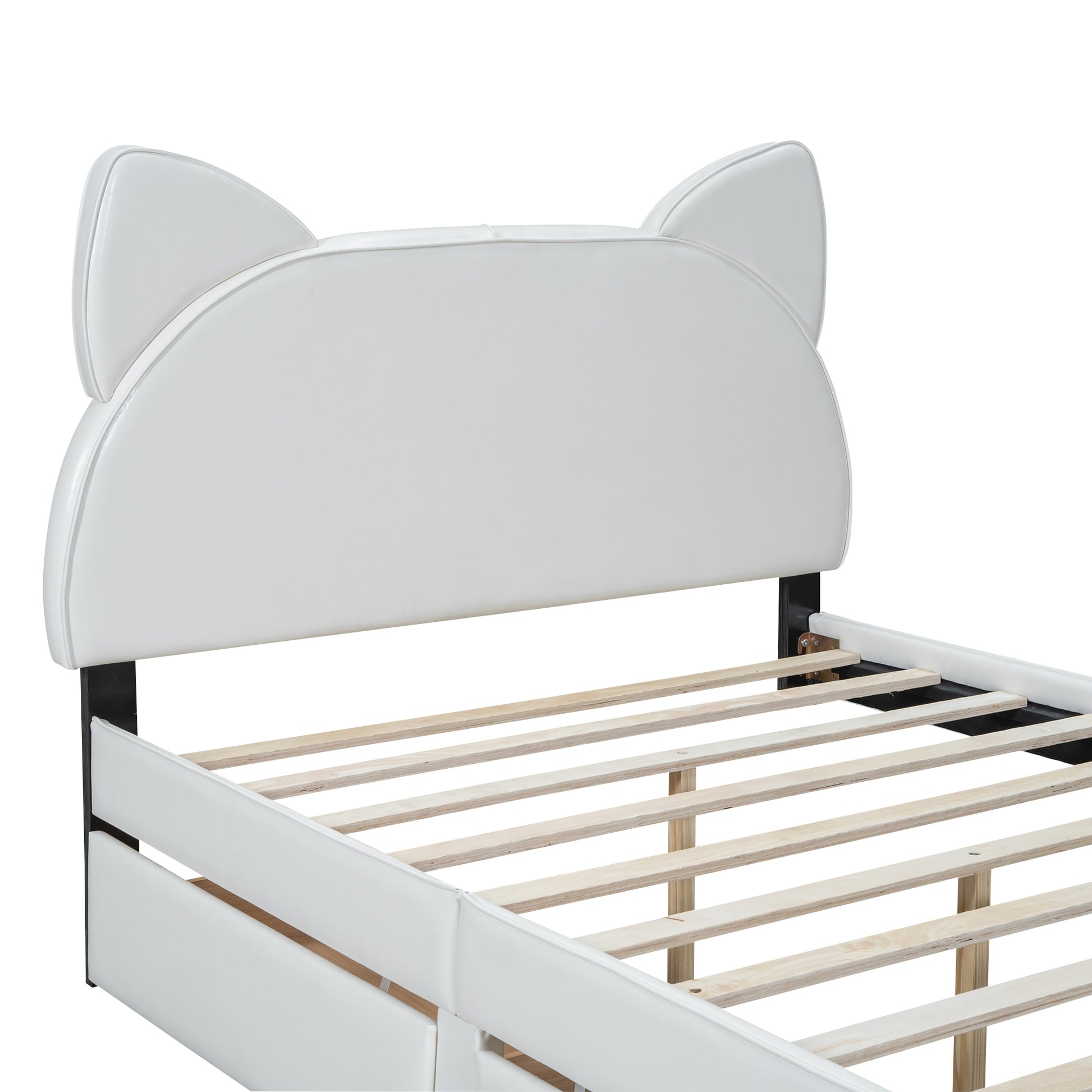 Full Size Upholstered Platform Bed With Cartoon Ears Shaped Headboard And 2 Drawers, White Box Spring Not Required Full White Wood Bedroom Bed Frame Faux Leather Upholstered