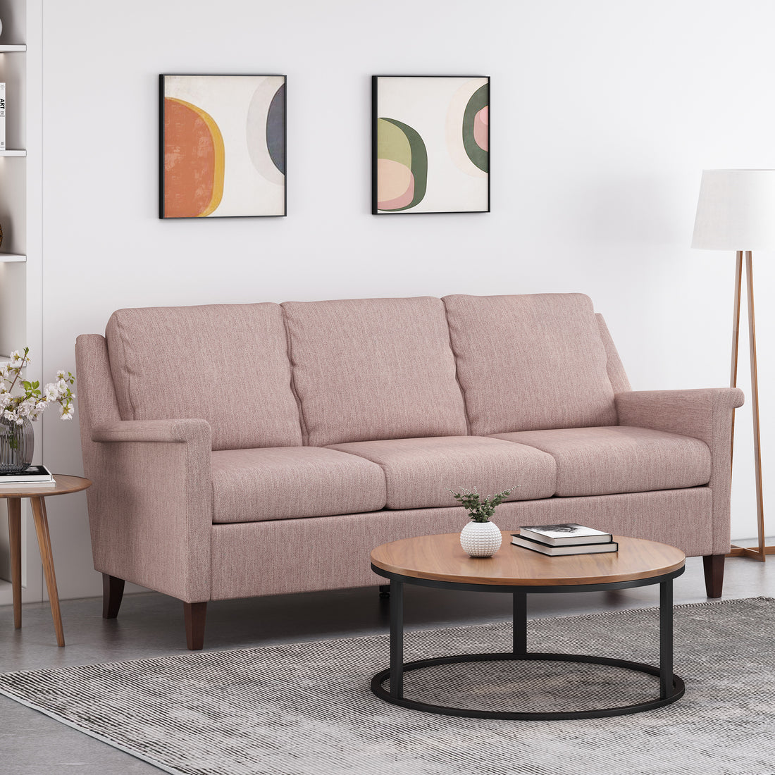 Comfy 3 Seat Sofa With Wooden Legs, Pu, For Living Room And Study Light Pink Fabric 3 Seat