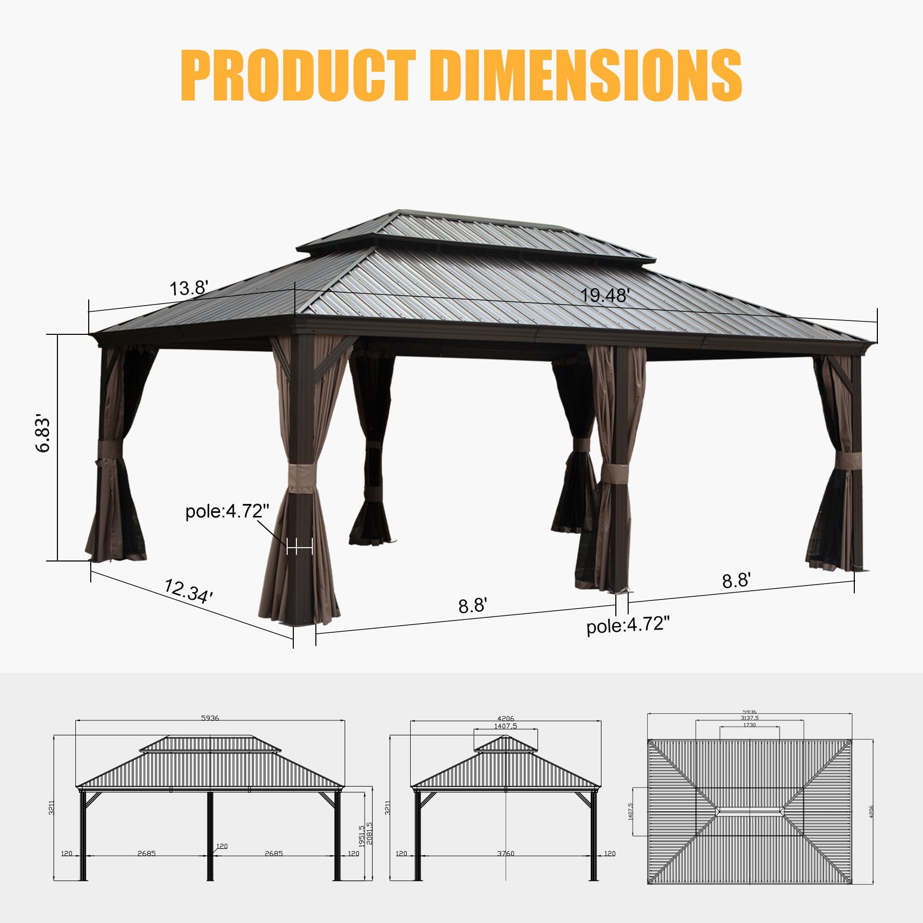 Outdoor Living 14X20Ft Hardtop Gazebo, Permanent Metal Gazebo With Galvanized Steel Double Roof And Aluminum Frame, Curtain And Netting, Large Pavilion Gazebo For Patio Deck Garden Brown Aluminum