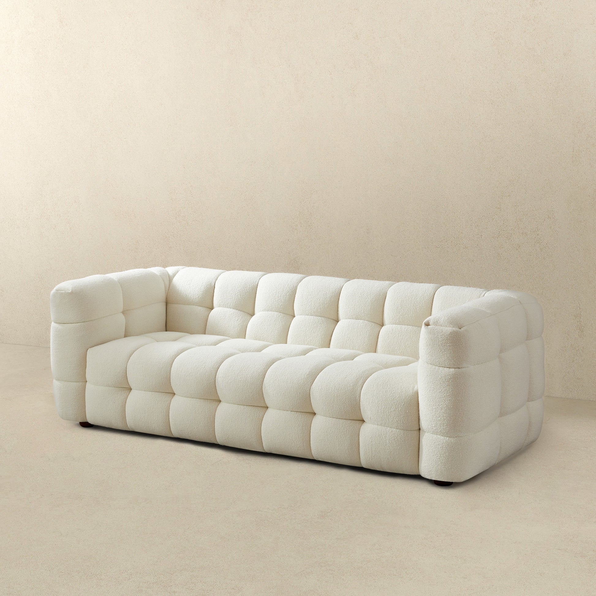 Morrison Sofa Cream Boucle Cream,White Wood Tufted Back Mid Century Modern Boucle,Solid Wood 3 Seat