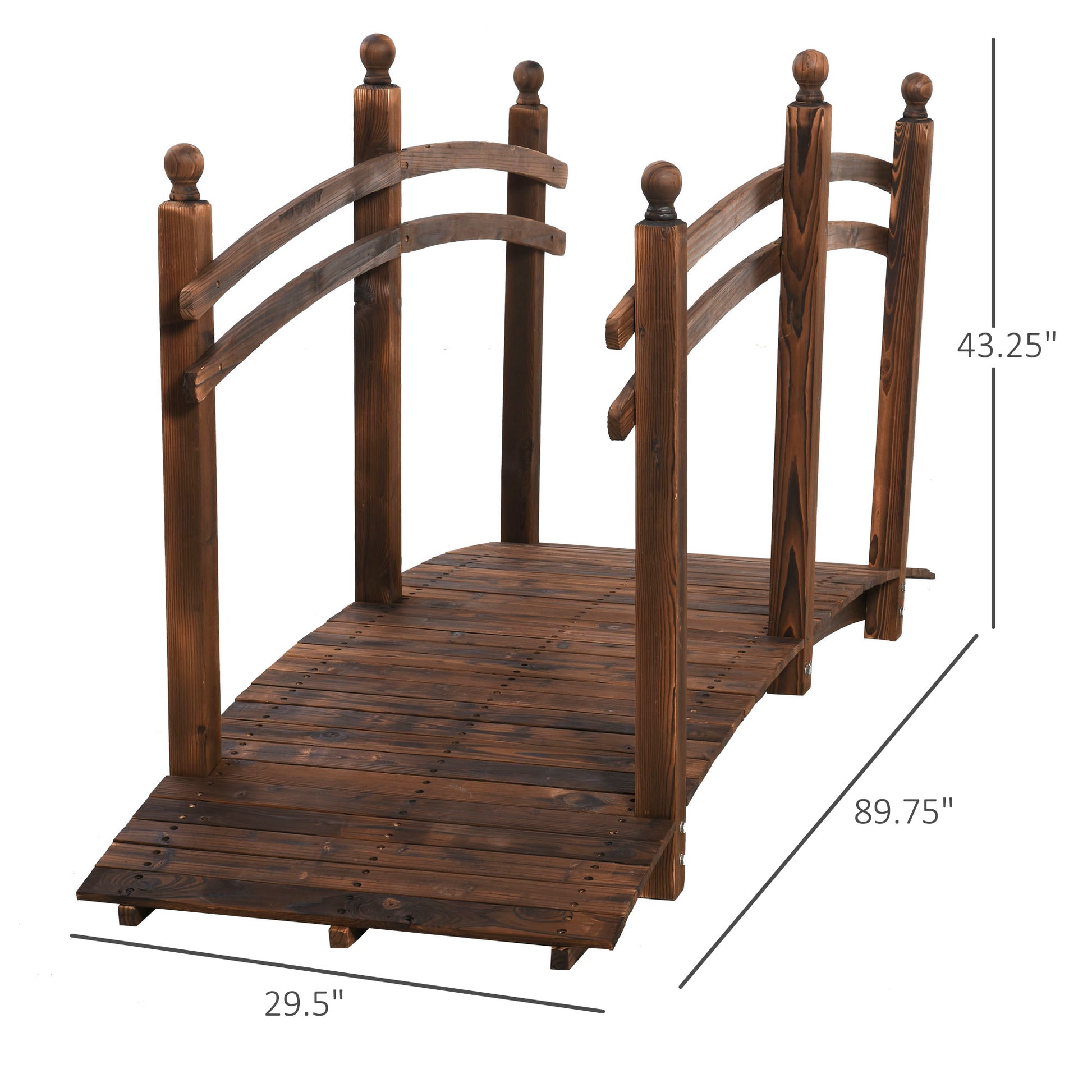 Outsunny 7.5' Fir Wood Garden Bridge Arc Walkway With Side Railings, Perfect For Backyards, Gardens, & Streams, Carbonized Brown Wood