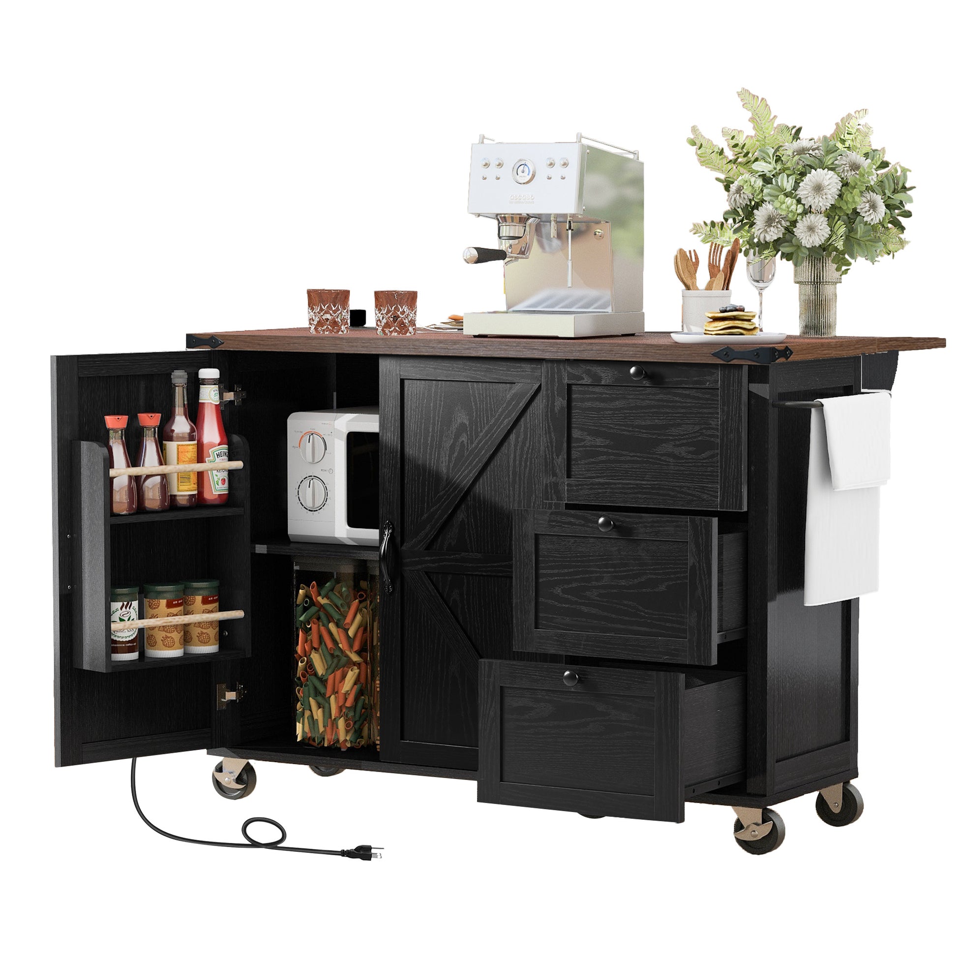 K&K 54.5" Farmhouse Kitchen Island With Power Outlet, Kitchen Storage Island With Internal Storage Rack, Drop Leaf, Spice Rack, Rolling Kitchen Cart On Wheels, For Home, Kitchen And Dining