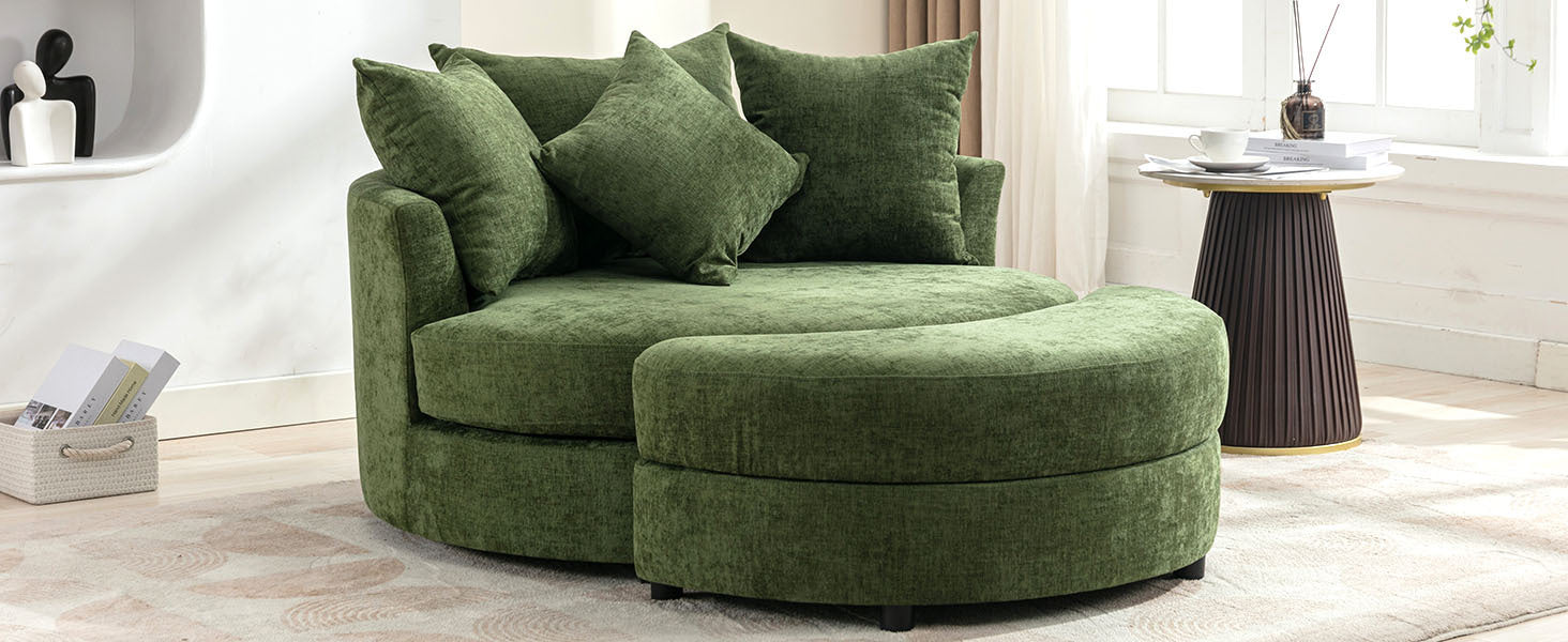 Orisfur. 360 Swivel Accent Barrel Chair With Storage Ottoman & 4 Pillows, Modern Chenille Leisure Chair Round Accent For Living Room, Green Green Foam Chenille