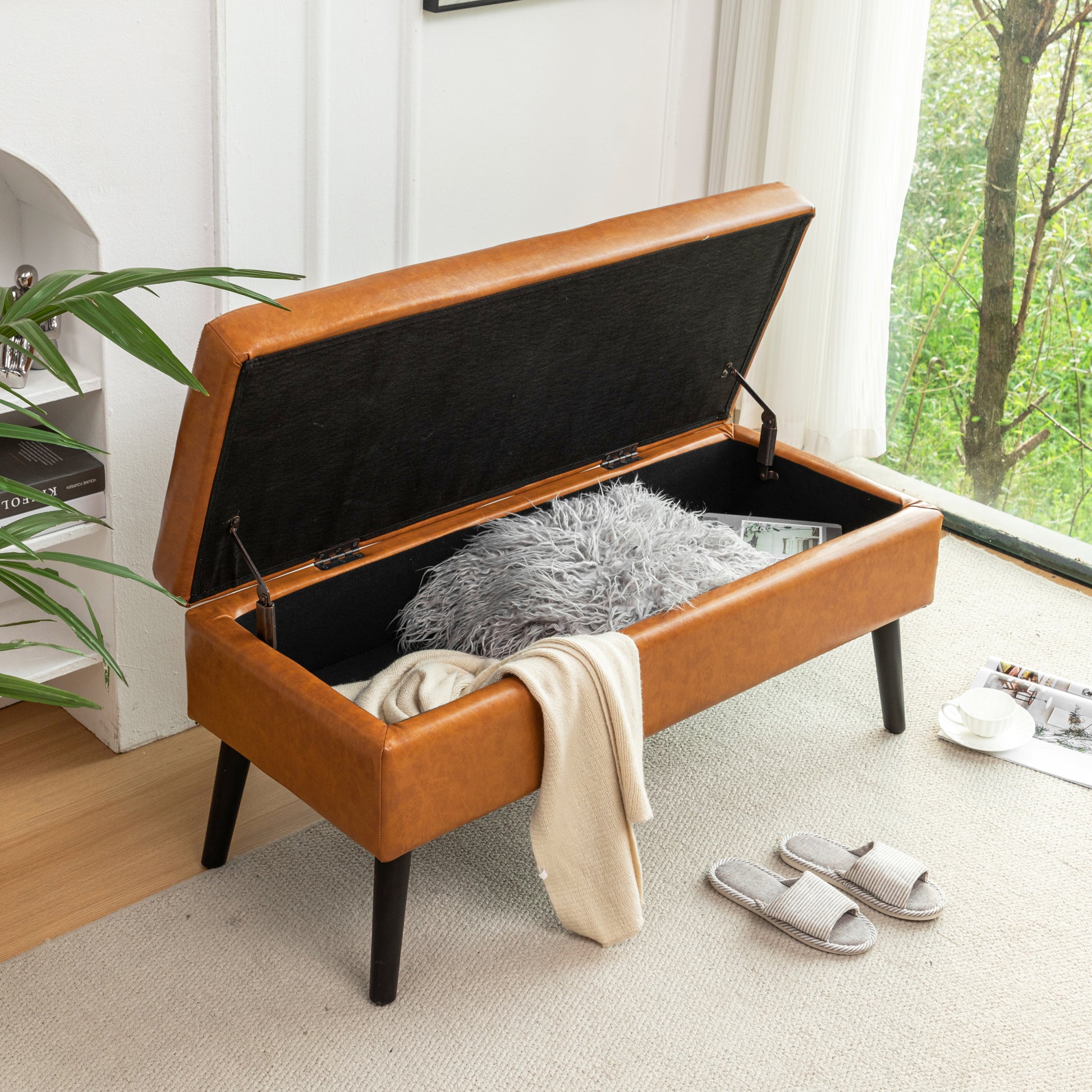 Storage Bench With Storage Bench For Bedroom End Of Bed Bench Foot Of Bed Bench Entryway Bench Storage Ottoman Bench 43.3" W X 17.7" Brown Leather Bench Brown Pu Leather