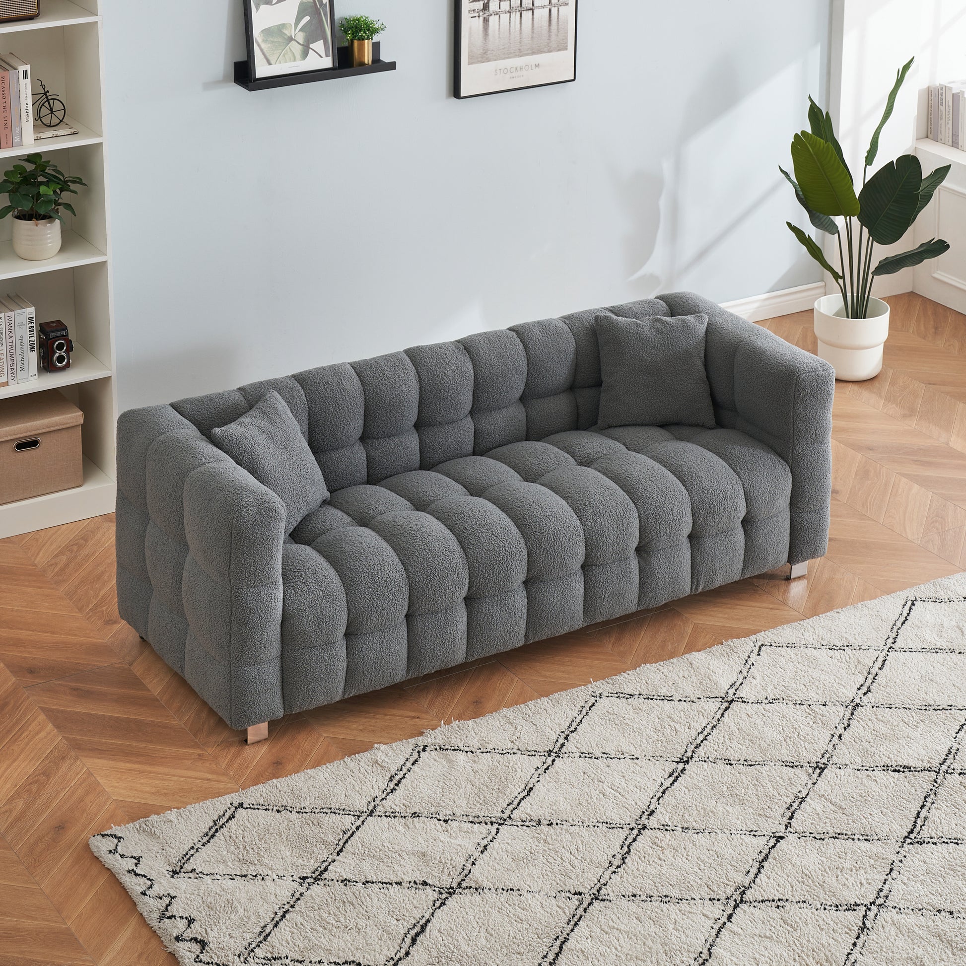 Grey Teddy Fleece Sofa 80 Inch Discharge In Living Room Bedroom With Two Throw Pillows Hardware Foot Support Gray Polyester Blend 3 Seat