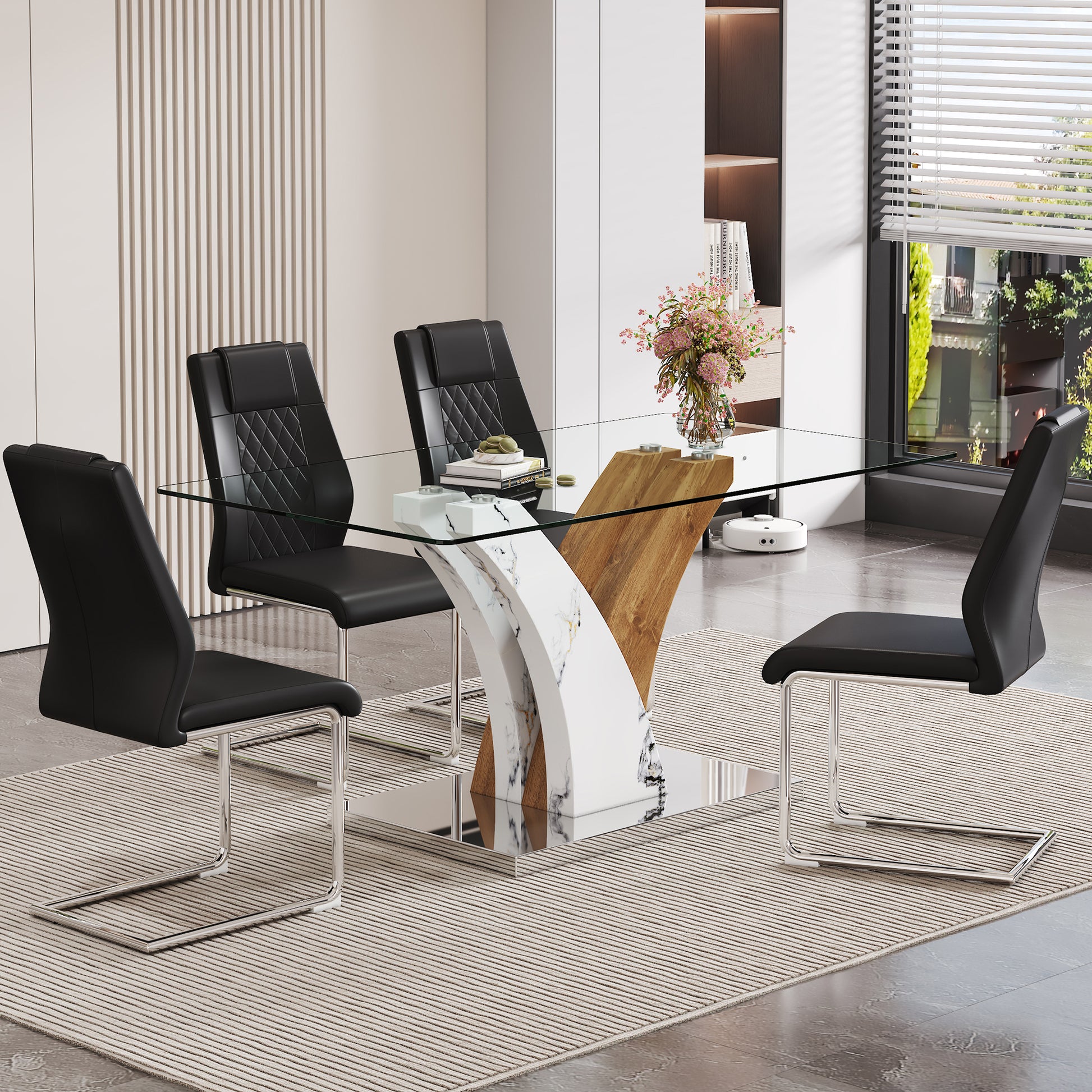 Table And Chair Set.Modern Dining Table, Tempered Glass Countertop With Artistic Mdf Legs.Paried With 4 Comfortable Chairs With Pu Seats And Metal Legs. Suitable For Various Decoration Styles. Black,Transparent Seats 4 Mdf Glass