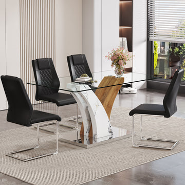 Table And Chair Set.Modern Dining Table, Tempered Glass Countertop With Artistic Mdf Legs.Paried With 4 Comfortable Chairs With Pu Seats And Metal Legs. Suitable For Various Decoration Styles. Black,Transparent Seats 4 Mdf Glass