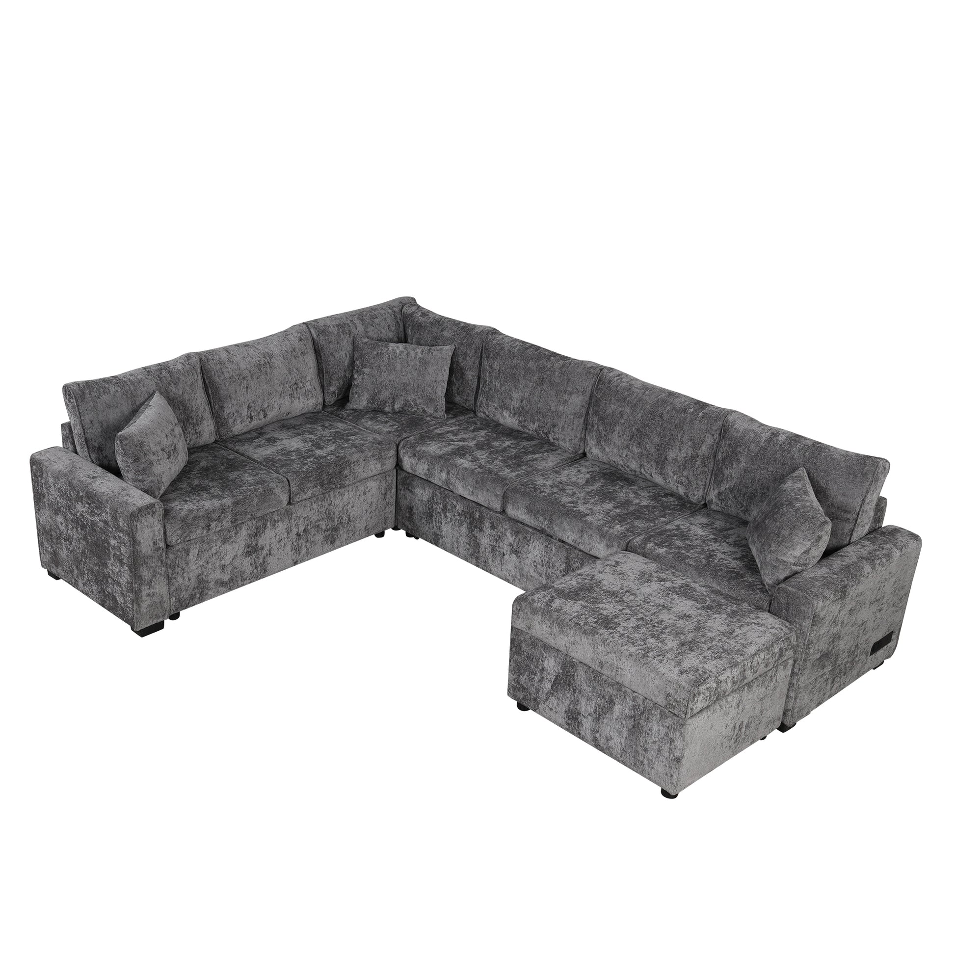 112.2" Sectional Sofa Pull Out Sofa Bed Sleeper With A Storage Ottoman,Three Pillows And Charging Devices For Living Room, Grey Grey Foam Chenille 6 Seat