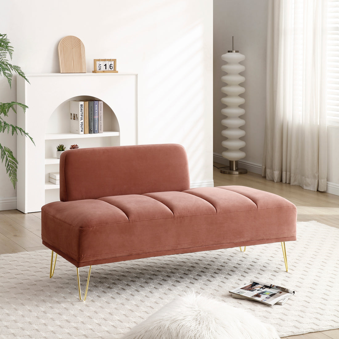 56.3"Inch Width Modern End Of Bed Bench,Velvet Fabric Upholstered 2 Seater Sofa Couch Entryway Ottoman Bench, Fuzzy Sofa Stool Footrest ,Window Bench With Gold Metal Legs For Bedroom, Living Room,Rose Rose Velvet Primary Living Space Modern Foam Velvet 2