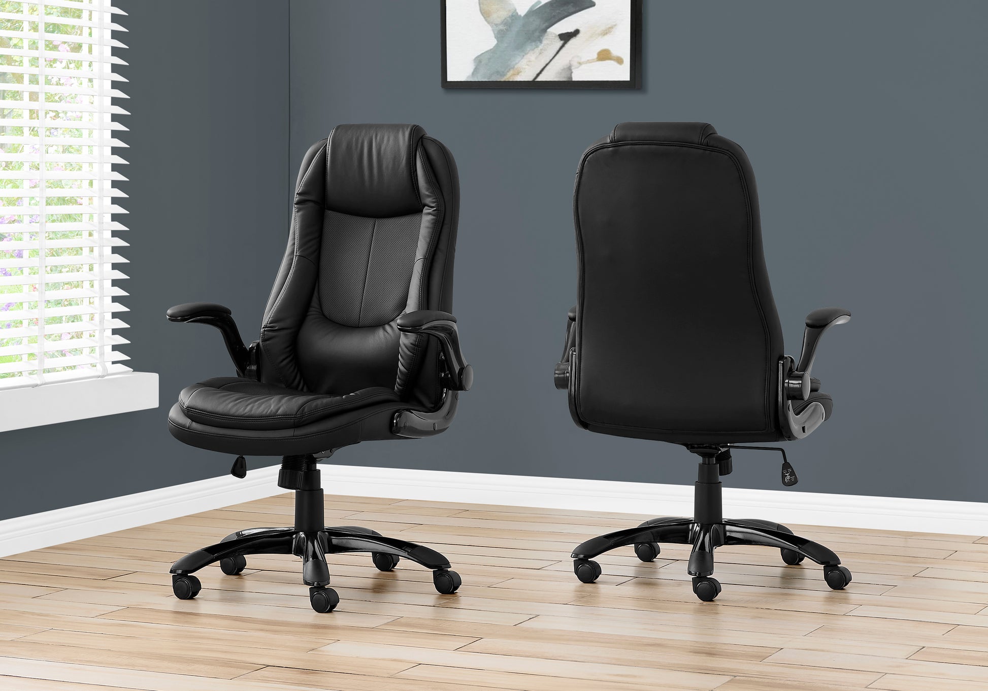 Office Chair, Adjustable Height, Swivel, Ergonomic, Armrests, Computer Desk, Work, Black Leather Look, Black Metal, Contemporary, Modern Black Foam Faux Leather