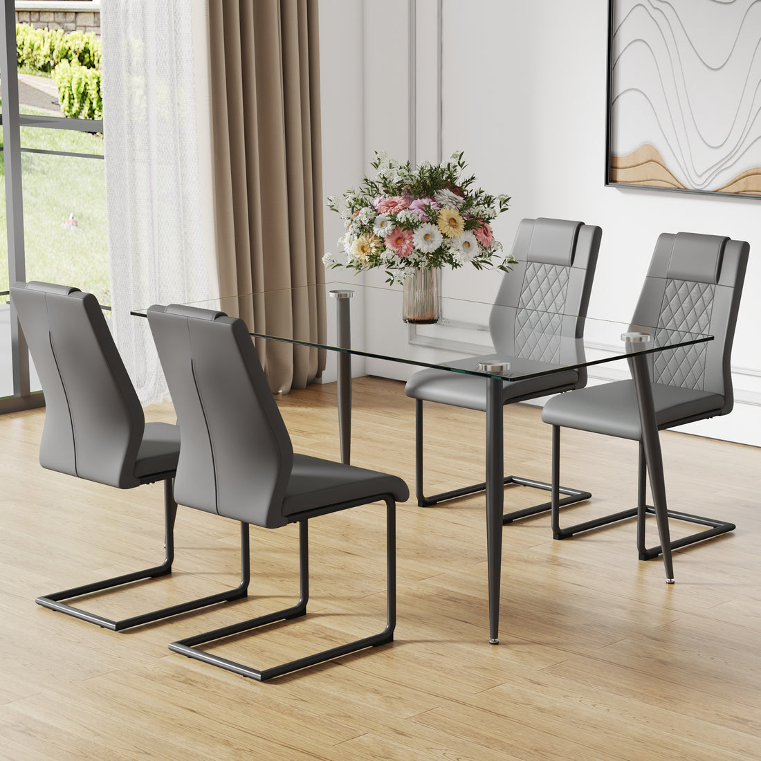 1 Table And 4 Chairs Set.Rectangular Table With Transparent Tempered Glass Tabletop And Black Metal Legs.Paired With 4 Chairs With Pu Leather Cushioned Seats And Black Metal Legs.Dt 1544 C 001 Transparent Glass Metal