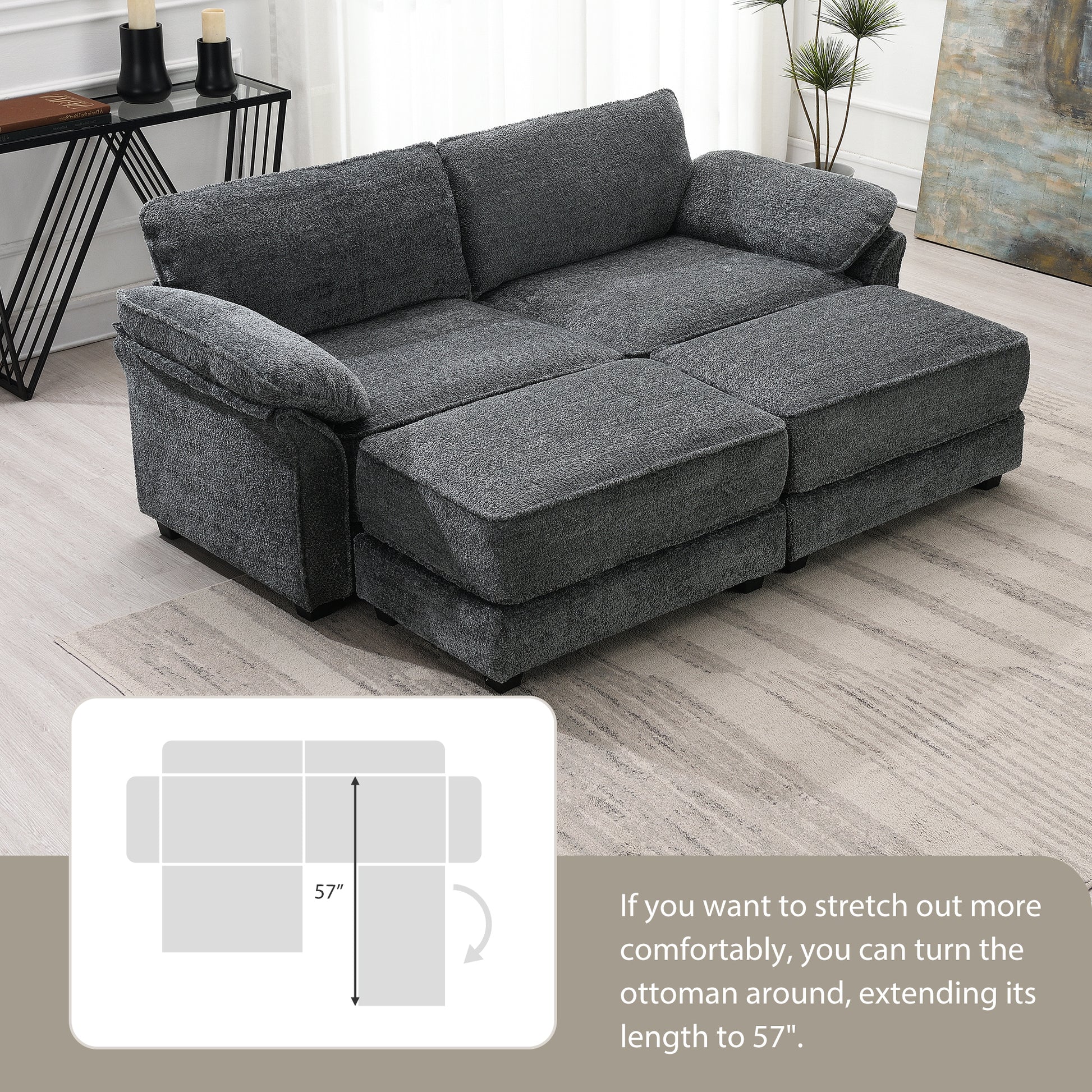 Free Combination Modular Convertible Sectional Sofa Bed Set, 4 Seat Upholstered Sleeper Corner Couch, Deep Seat Loveseat With Ottoman For Living Room, Office, Apartment,2 Colors Gray Chenille 4 Seat