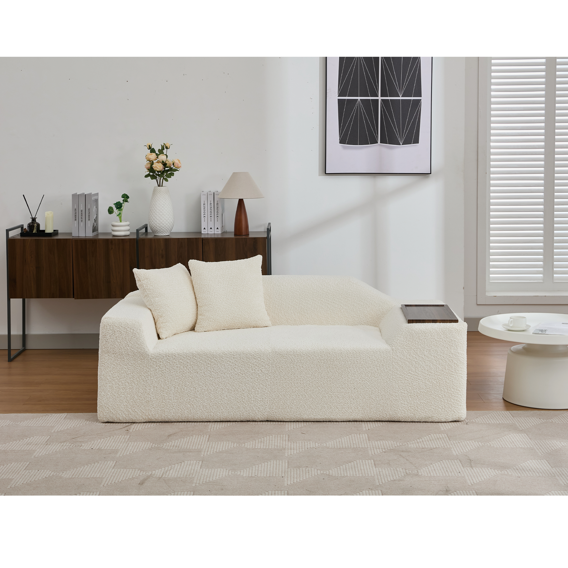 Arrived 2 Piece Boucle Cloud Sofa Set, Upholstered Sofa Set, Modern 3 Seater And 2 Seater Sofa With Mdf End Table For Living Room ,Apartment,3 2 Couch,Boucle,Beige Beige Polyester Primary Living Space Soft Tight Back Modern Square Arms Foam Upholstered 5