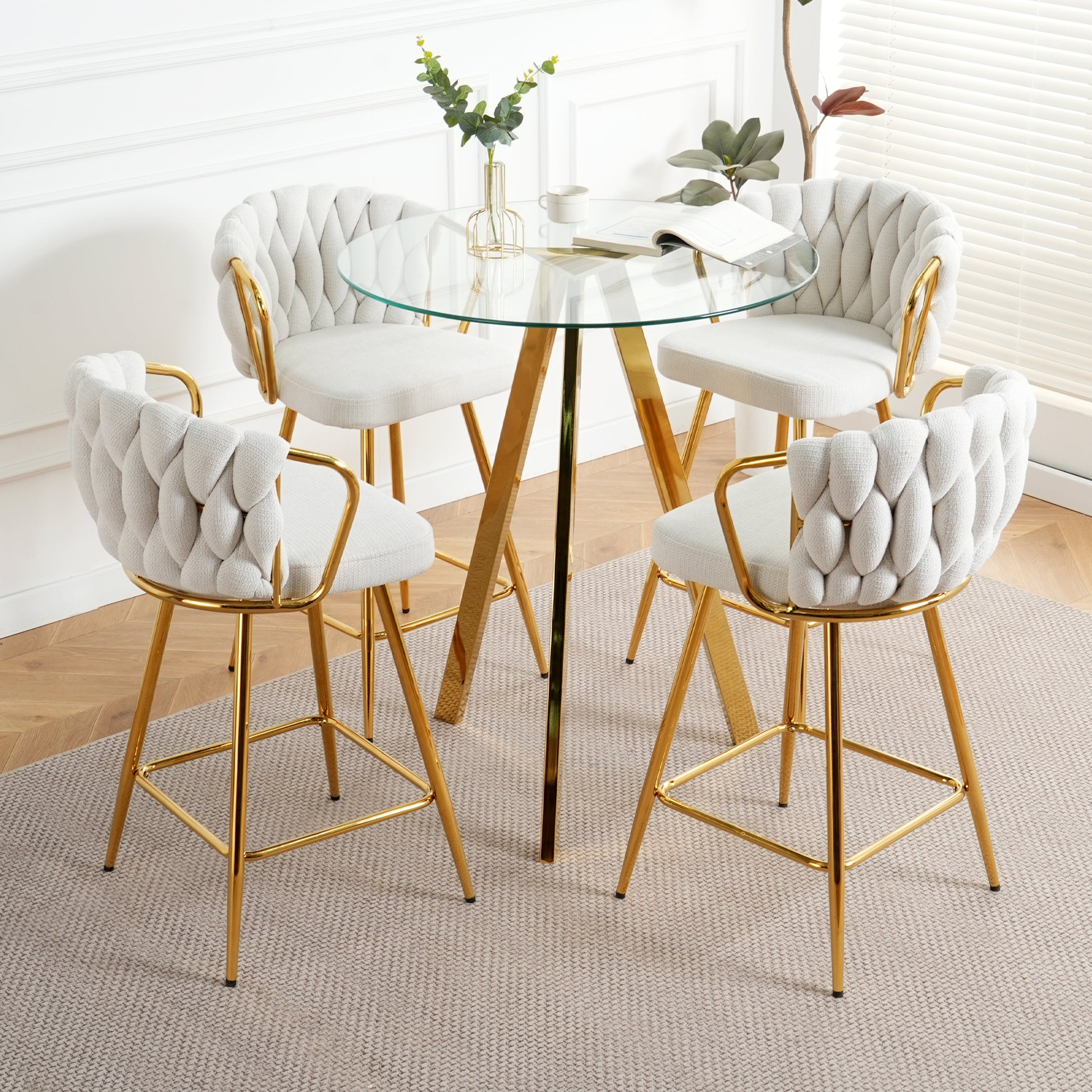 Stylish White Cotton And Linen Design, Gold Plated Metal Table Legs, Round Tempered Glass Countertop, Bar Chair Cover, Suitable For Bar, Restaurant, Bedroom Bar Chair, Set Of 5 Metal White Seats 4