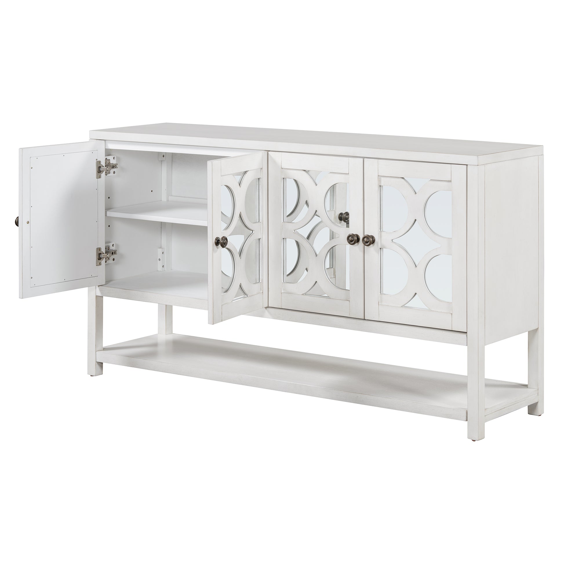 Elegant Retro Console Table Storage Cabinet Sideboard With Mirrored Doors, Spacious Shelves, And Durable Acacia Wood Legs Perfect For Living Room, Dining Room, Or Entryway Antique White Antique White Primary Living Space Solid Wood Mdf