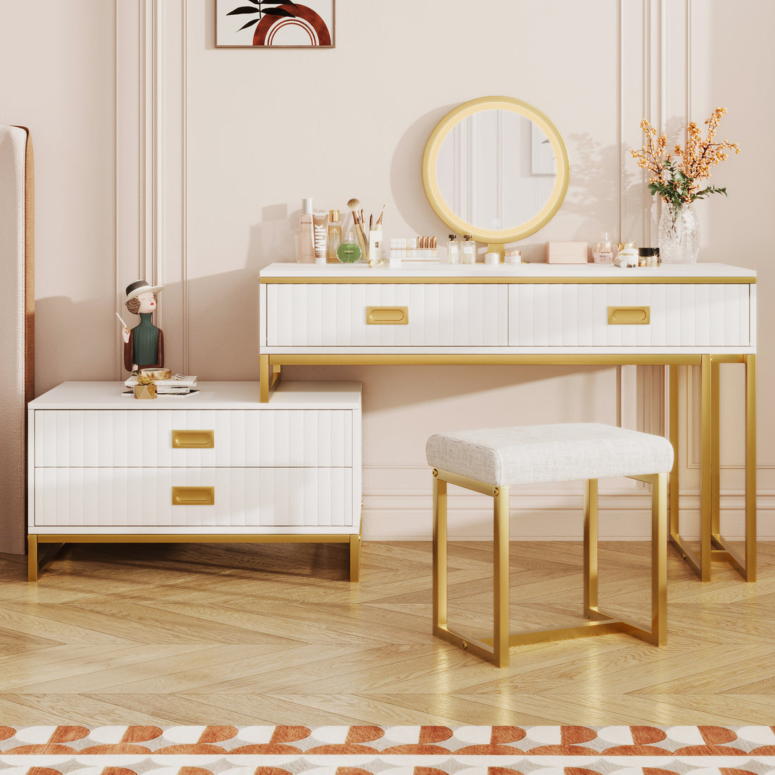 Modern Style Vanity Table With Movable Side Cabinet And 4 Drawers, Large Size Dressing Table With Mirror And 3 Colors Led Light, Makeup Table With Stool, White, Lden Legs Gold White 4 Drawers Mdf Metal