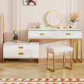 Modern Style Vanity Table With Movable Side Cabinet And 4 Drawers, Large Size Dressing Table With Mirror And 3 Colors Led Light, Makeup Table With Stool, White, Lden Legs Gold White 4 Drawers Mdf Metal