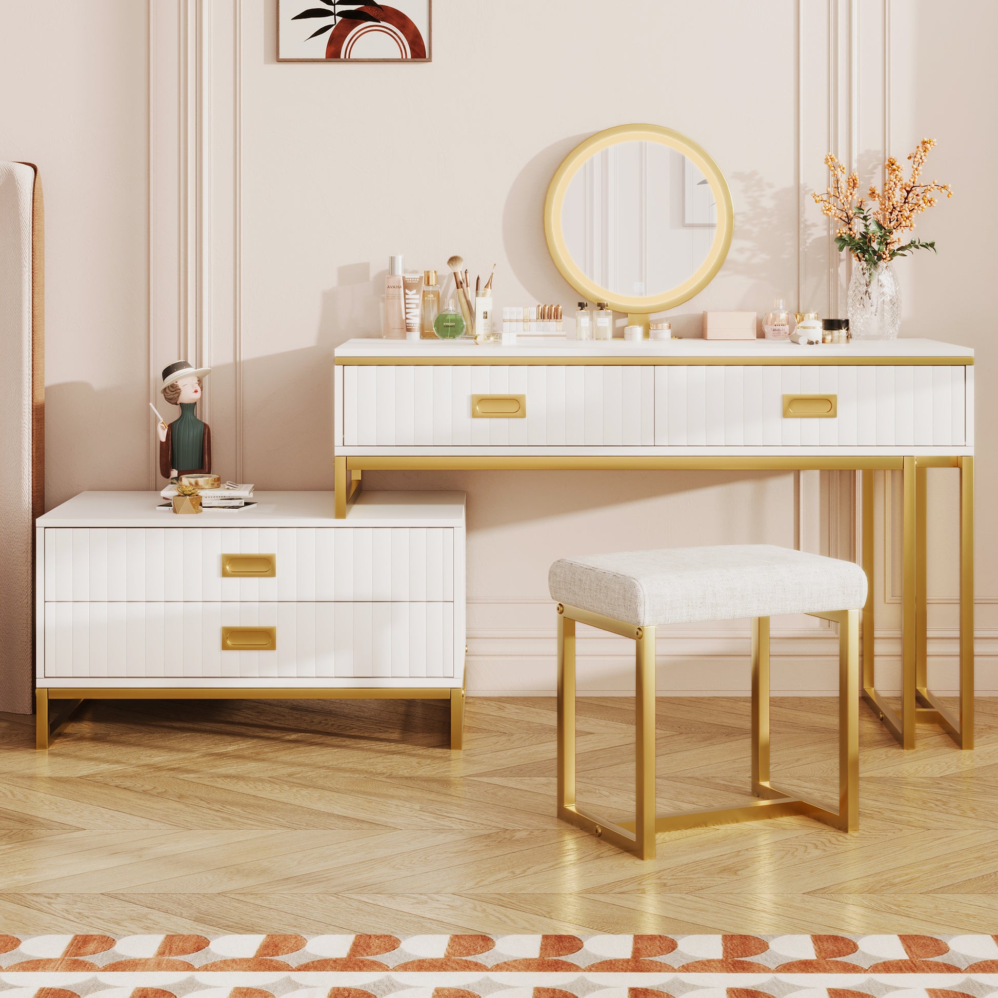 Modern Style Vanity Table With Movable Side Cabinet And 4 Drawers, Large Size Dressing Table With Mirror And 3 Colors Led Light, Makeup Table With Stool, White, Lden Legs Gold White 4 Drawers Mdf Metal