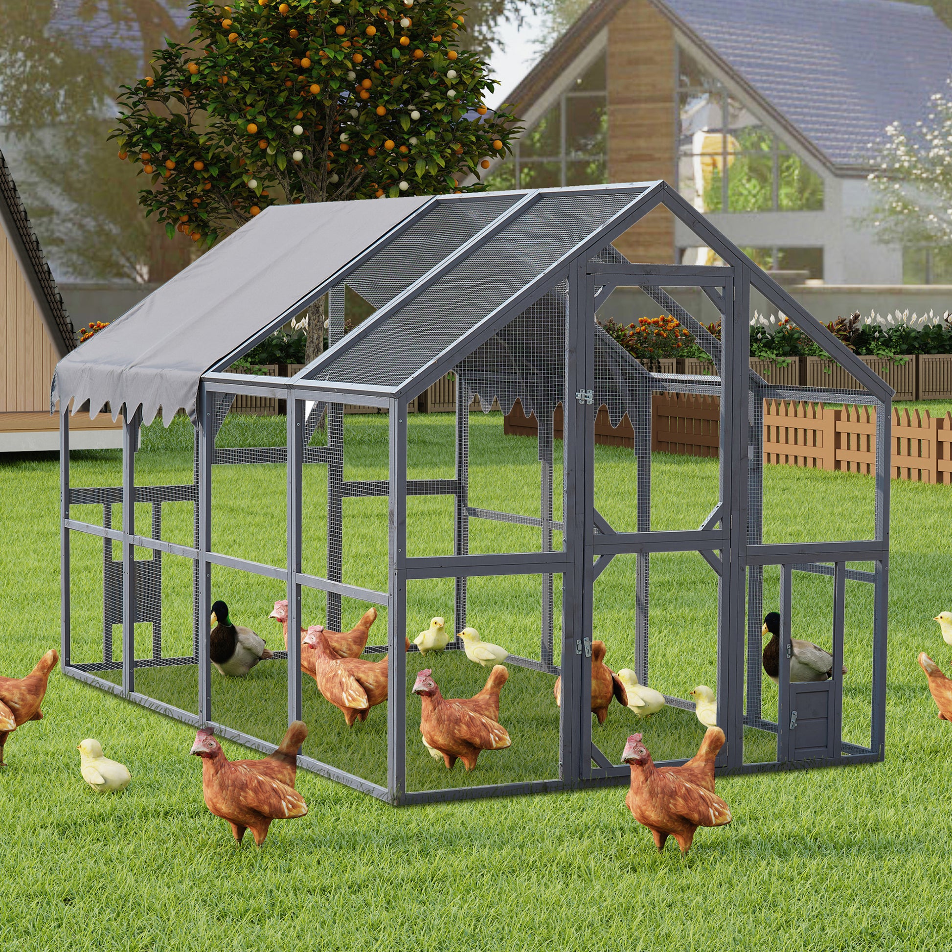 Outdoor Chicken Coop Enclosures 110" Large Kitten Playpen ,Upgrade Waterproof Cover Grey Gray Metal & Wood