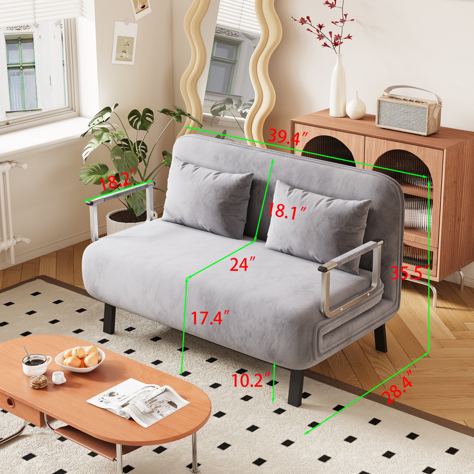 39 Convertible Chair Bed, Tri Fold Sofa Bed With Adjustable Backrest & Pillow, Leisure Chaise Lounge Couch With Sturdy Steel Frame For Home & Office, Comfortable Sleeper Chair Light Grey Dutch Velvet Light Grey Velvet Contemporary Polyurethane Foam Metal