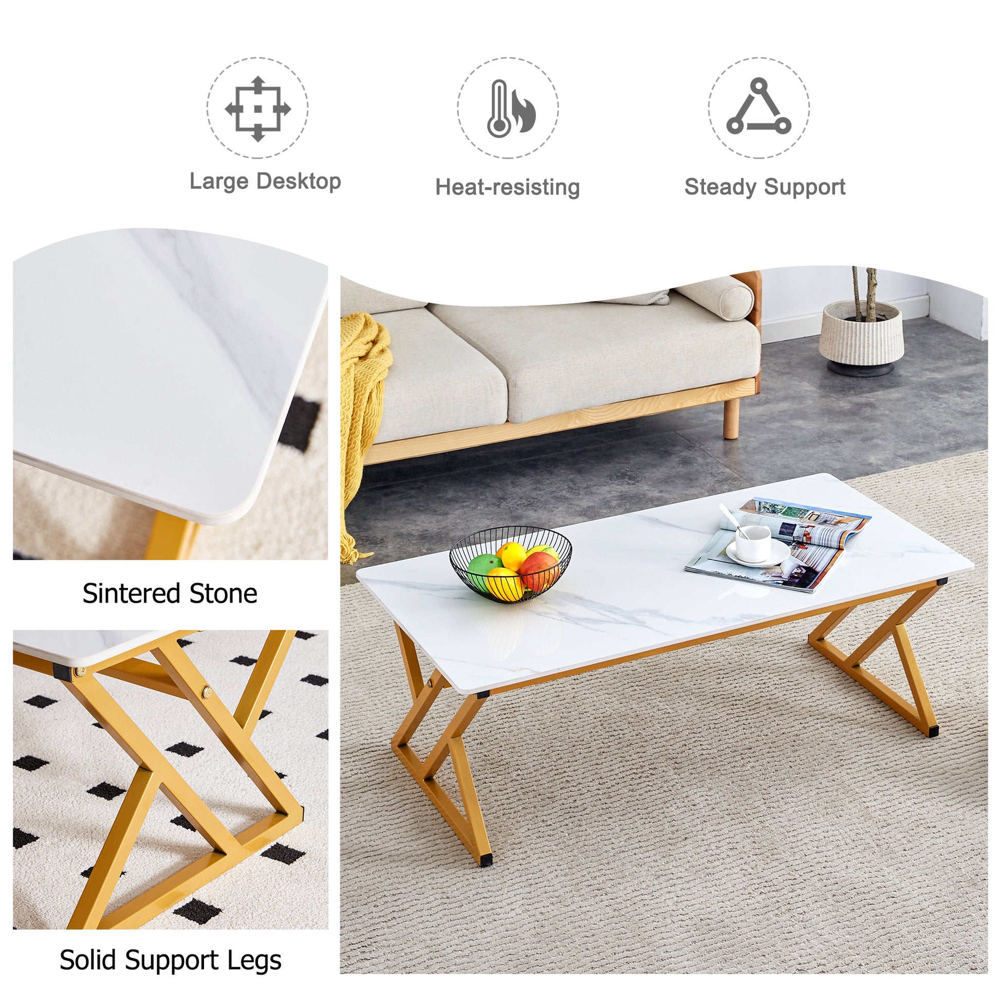 A Coffee Table Made Of Rock Slab Material, With A Smooth And Natural Surface That Complements The Modern Design Of The Golden Metal Legs, Making It Suitable For Living Rooms Of All Sizes.47*23.6 White Gold Sintered Stone