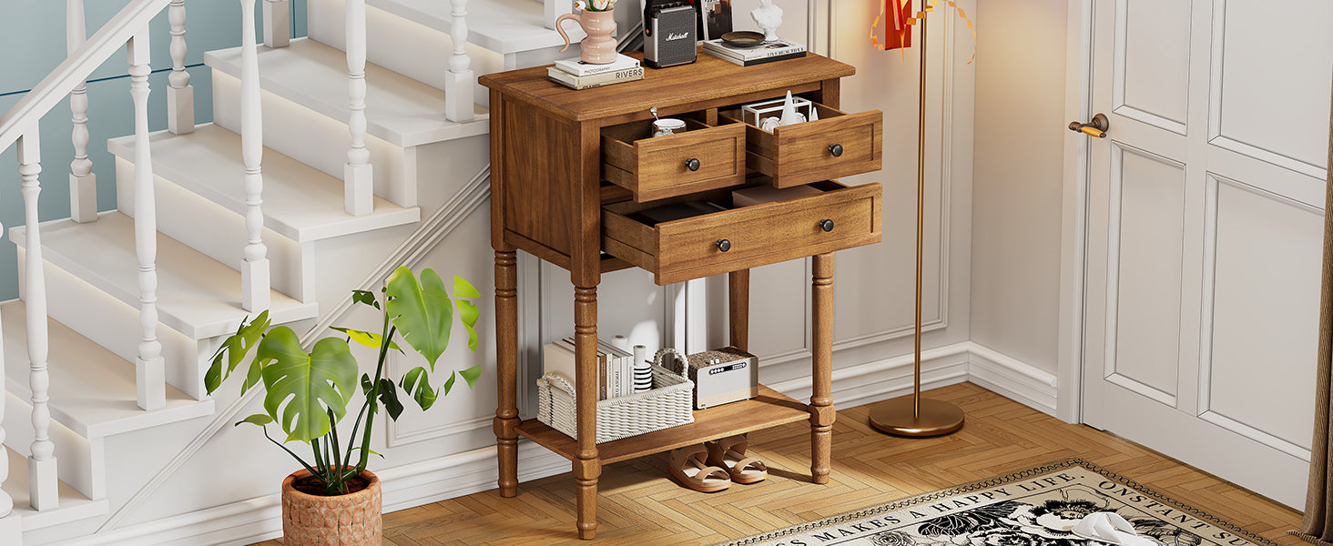 Narrow Console Table, Slim Sofa Table With Three Storage Drawers And Bottom Shelf Natural Natural Solid Wood Mdf