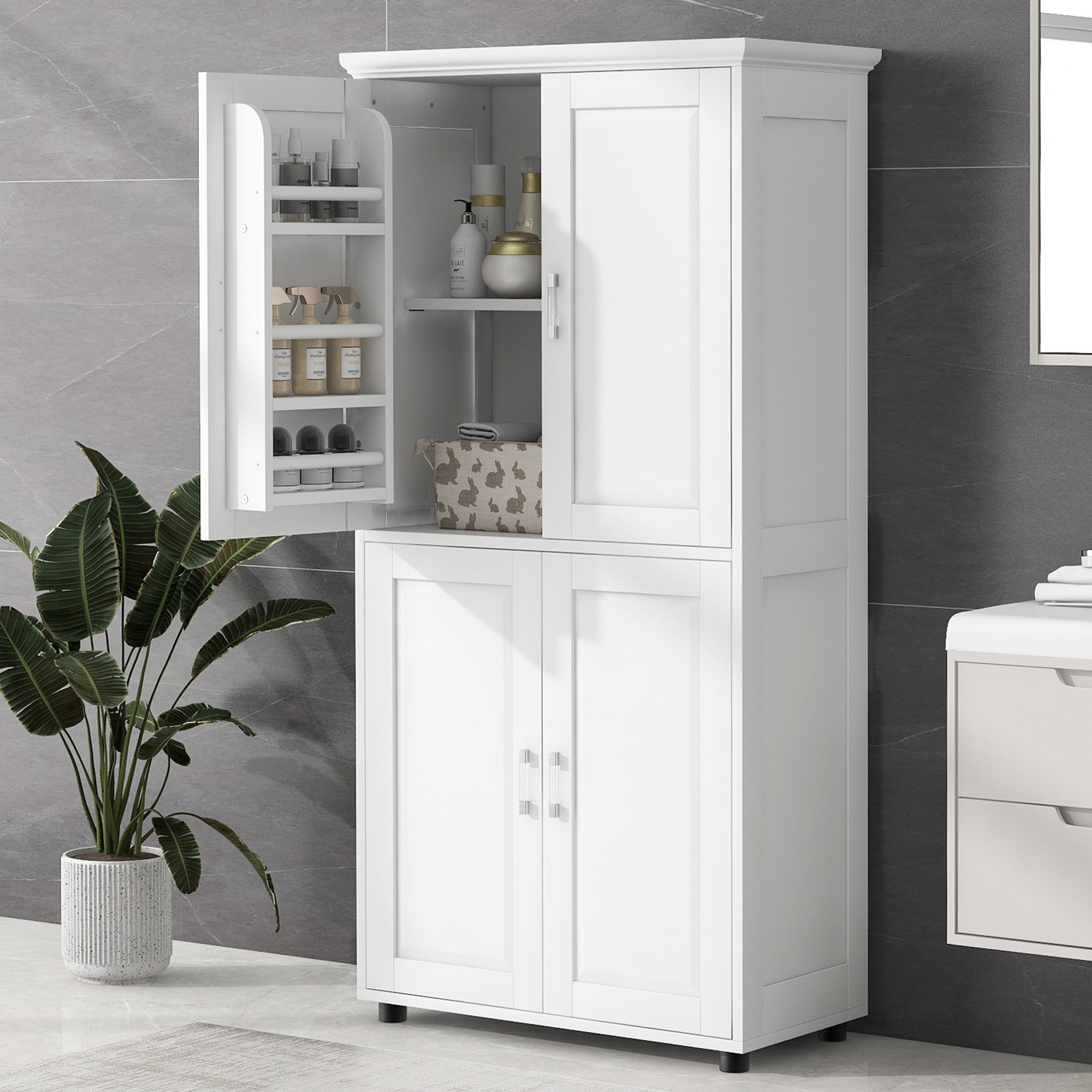 Tall And Wide Bathroom Floor Storage Cabinet, Bathroom Storage Unit, Freestanding Cabinet With 4 Doors, Adjustable Shelves, White White Mdf