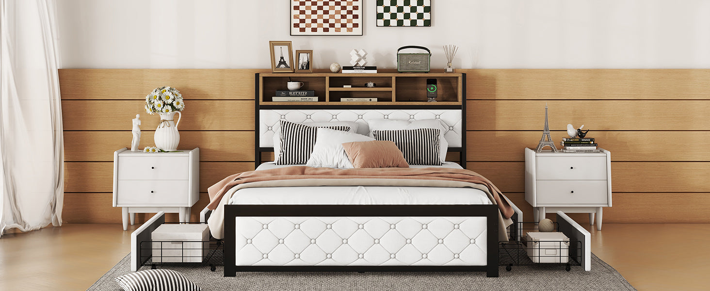 Metal Full Size Platform Bed With 4 Drawers, Upholstered Headboard And Footboard, Sockets And Usb Ports, White Full White Black Fabric Metal