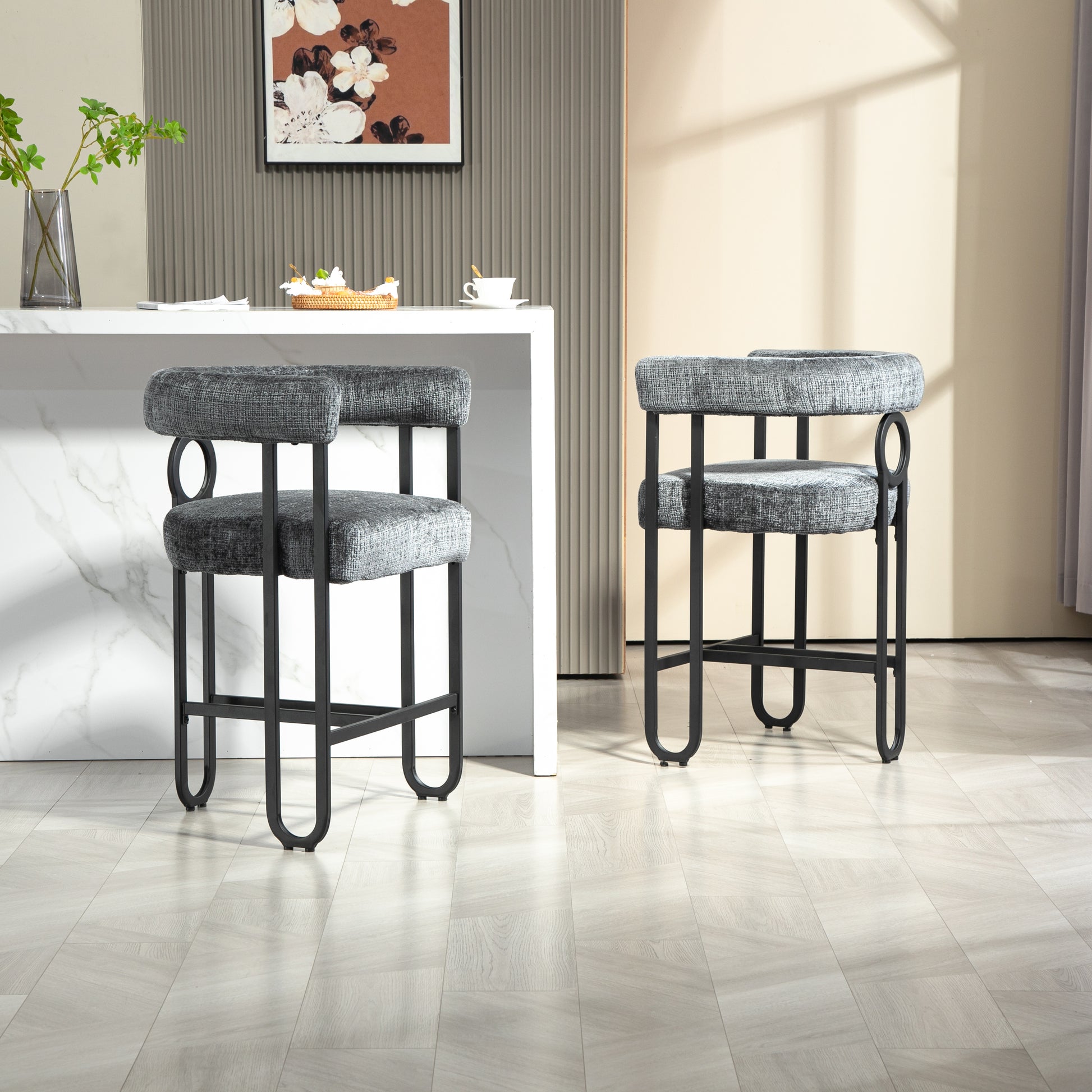 Coolmore Bar Stools Set Of 2, Modern Bar Stool With Back, Black Metal Frames, Upholstered Bar Stools For Kitchen Island, Pub, Club Gray Chenille Gray Dining Room Foam Chenille