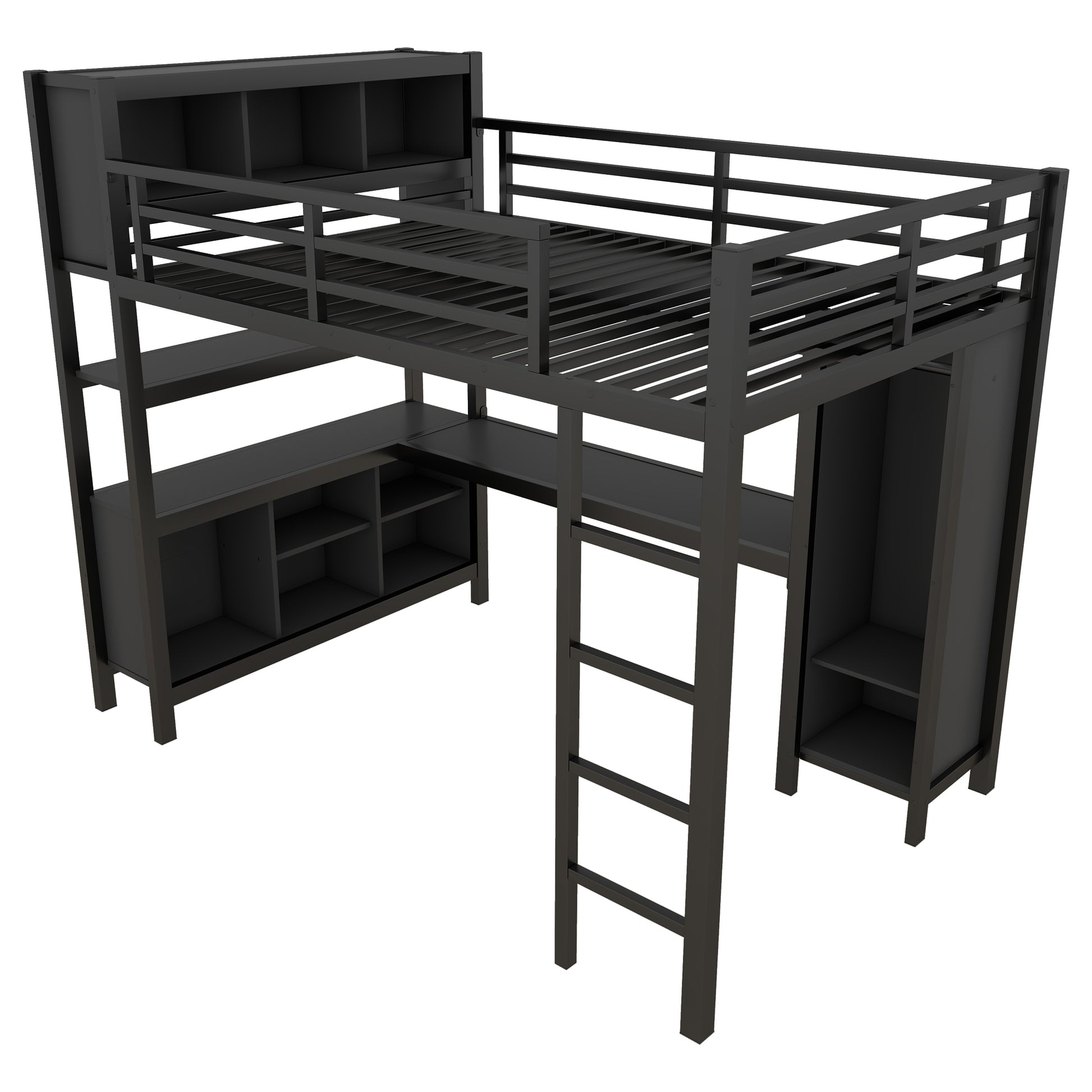 Metal Loft Bed With Wardrobe And L Shaped Desk, Full Size Loft Bed With Storage Cubes And Shelves, Heavy Duty Loft Bed For Kids Teens Adults, Black Full Black Metal