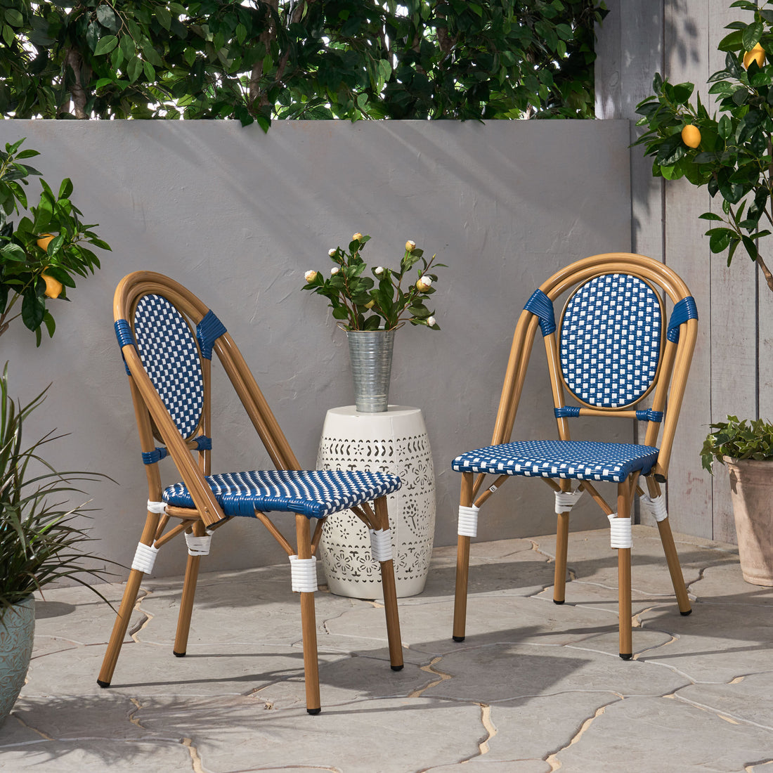 French Bistro Chair White Blue Rattan