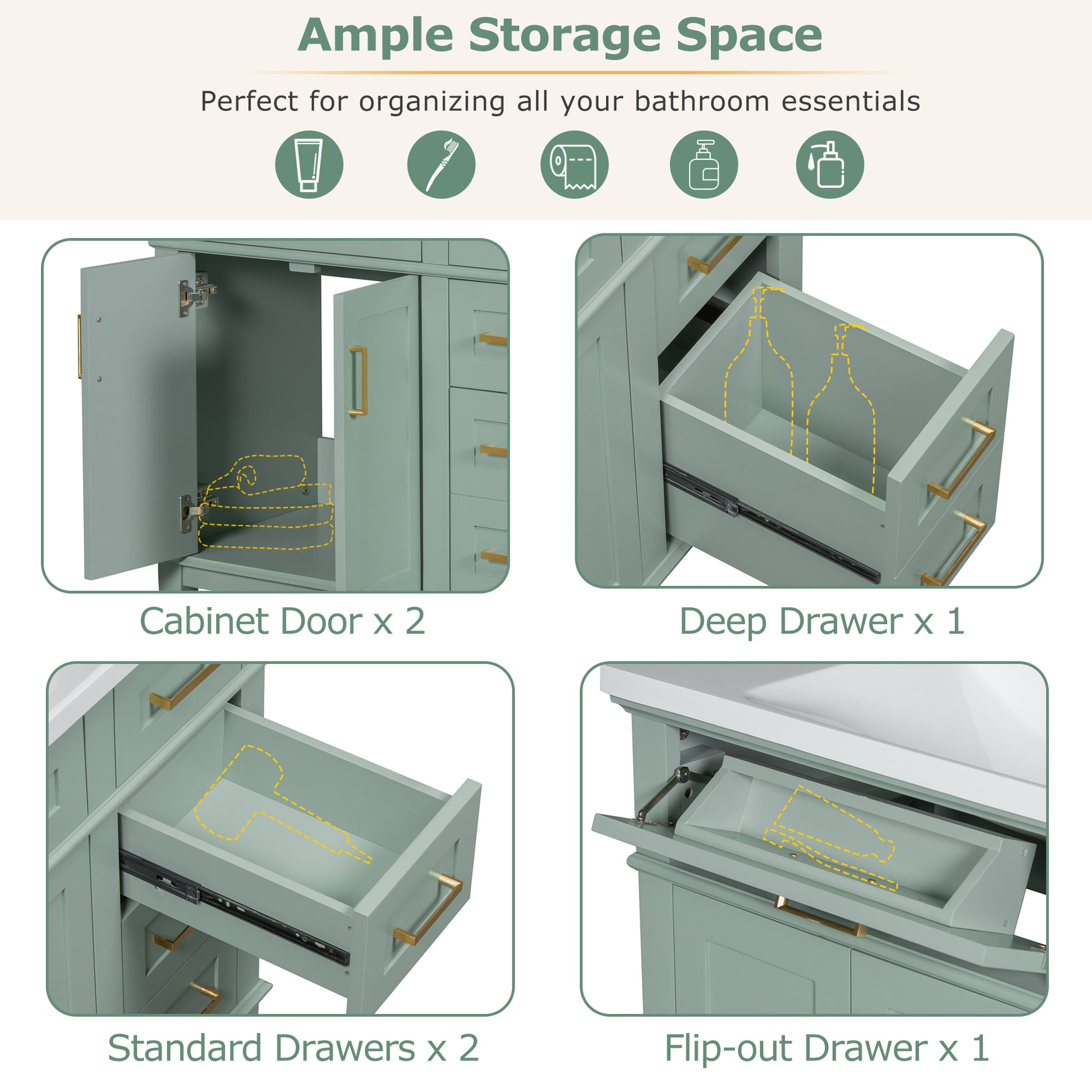 36 Inch Bathroom Vanity With Resin Sink, Modern Bathroom Cabinet In Green, Featuring Two Soft Close Doors And Four Drawers Green Bathroom Solid Wood Mdf Resin