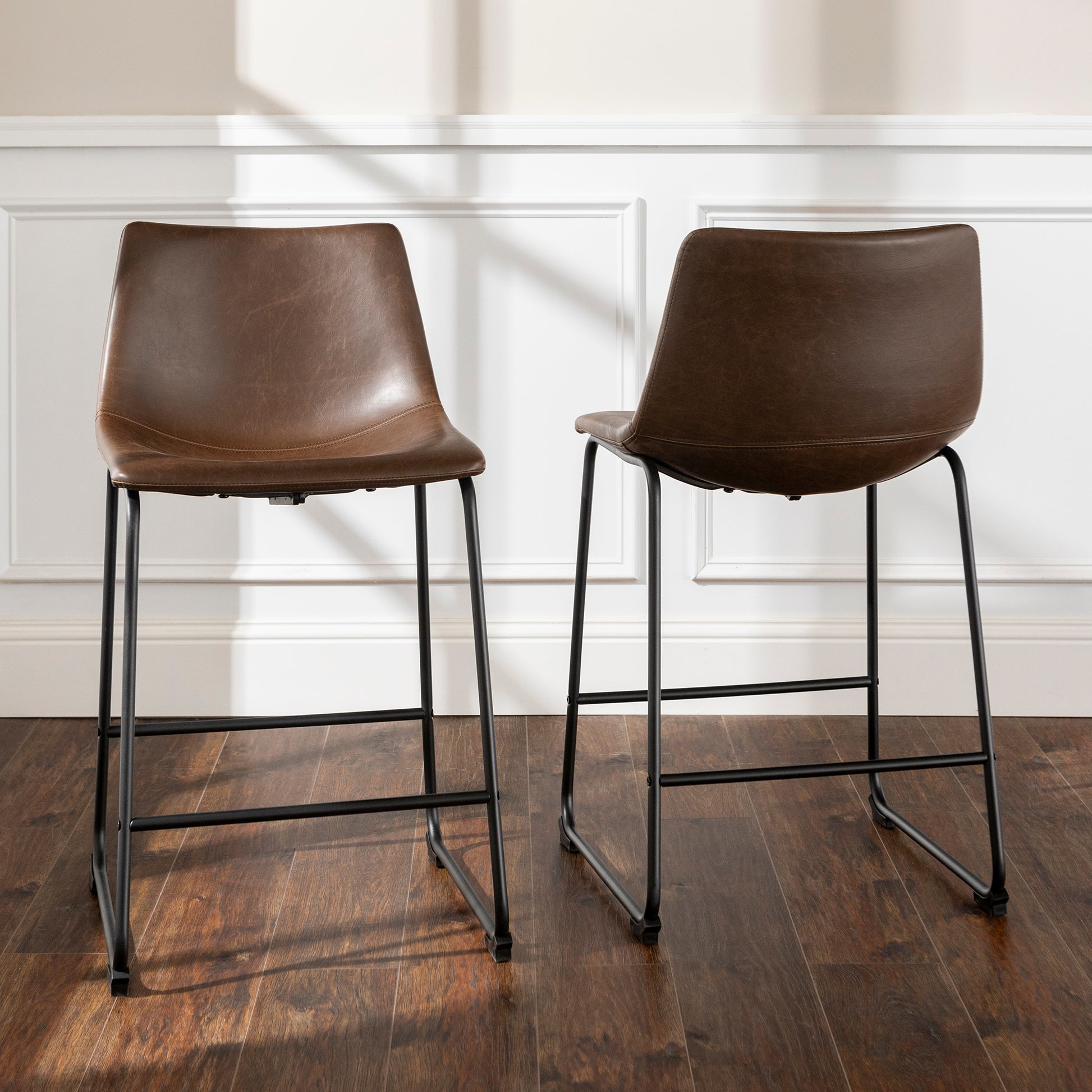 Industrial Faux Leather Counter Stools, Set Of 2 Brown Brown Polyurethane Foam Pu Leather