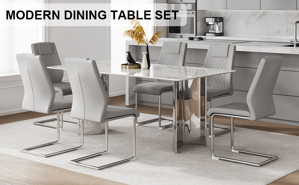 Table And Chair Set, Modern And Minimalist Dining Table. Imitation Marble Glass Sticker Desktop, Stainless Steel Legs, Stable And Beautiful. Comfortable Pu Seats. Dt 69 Silver Glass