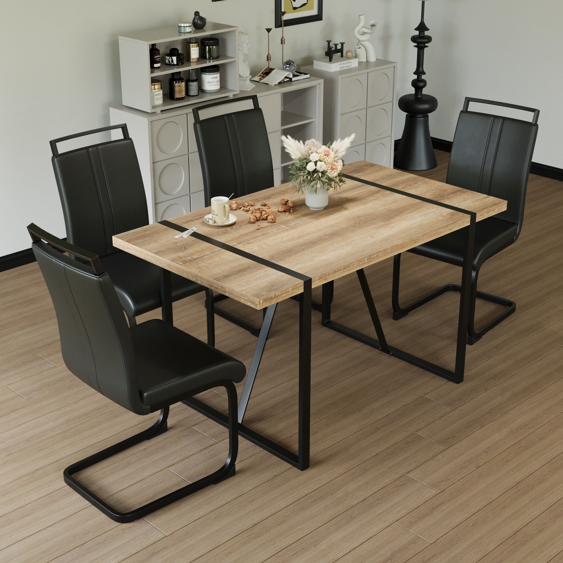 55 " Rural Industrial Rectangular Mdf Wood Dining Table Set And Pu Armless Dining Chair Set 4,Kitchen Black Metal Table Legs Dining Table And Chair Set Wood Seats 4 Mdf