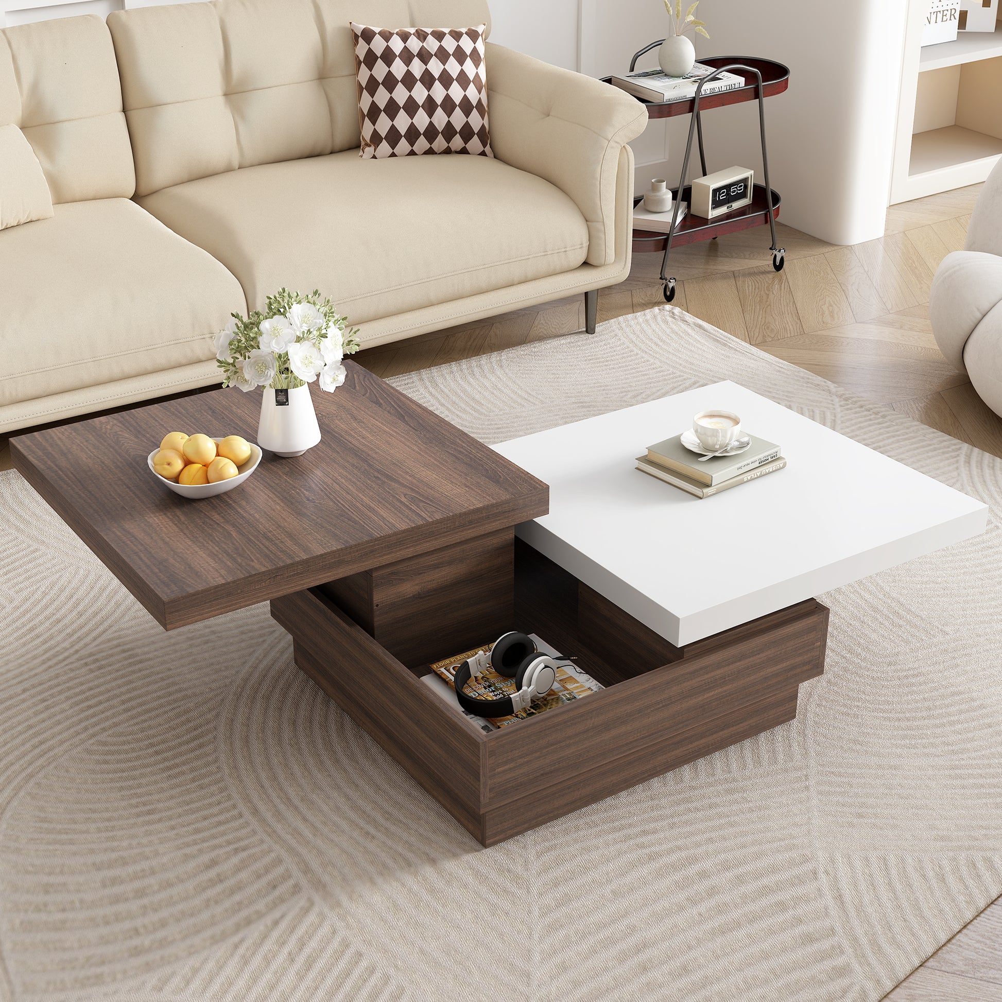 Rotatable Top Coffee Table, Modern Square Coffee Table With Wood Grain Design, 1 Hidden Storage Space For Living Room, White Brown White Mdf