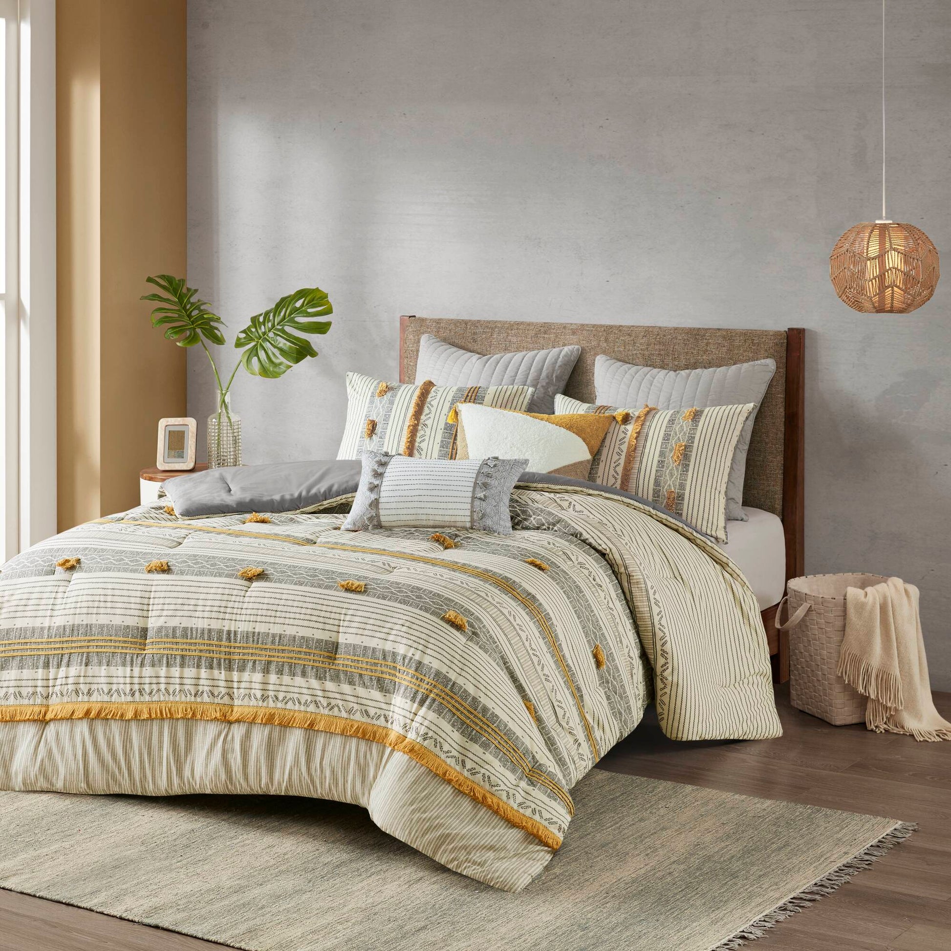 3 Piece Cotton Comforter Set Gray Yellow Full Queen Queen Gray Yellow Cotton