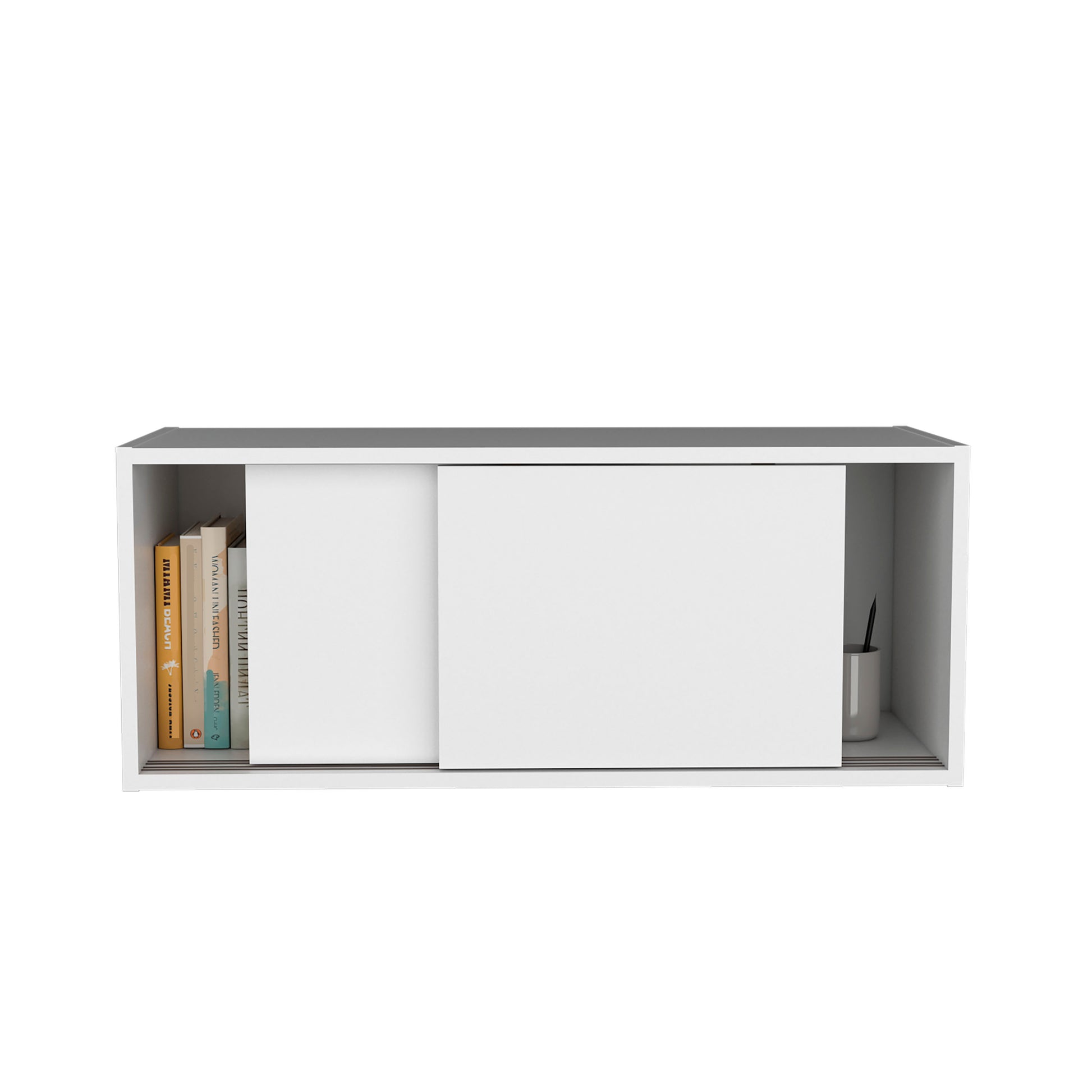 Note 32"W X 13" H Wall Cabinet With Sliding Doorswall Shelf, Storage Cabinet, Bedroom, Office, Living Room, Garage White Office Shelves Included Modern Particle Board