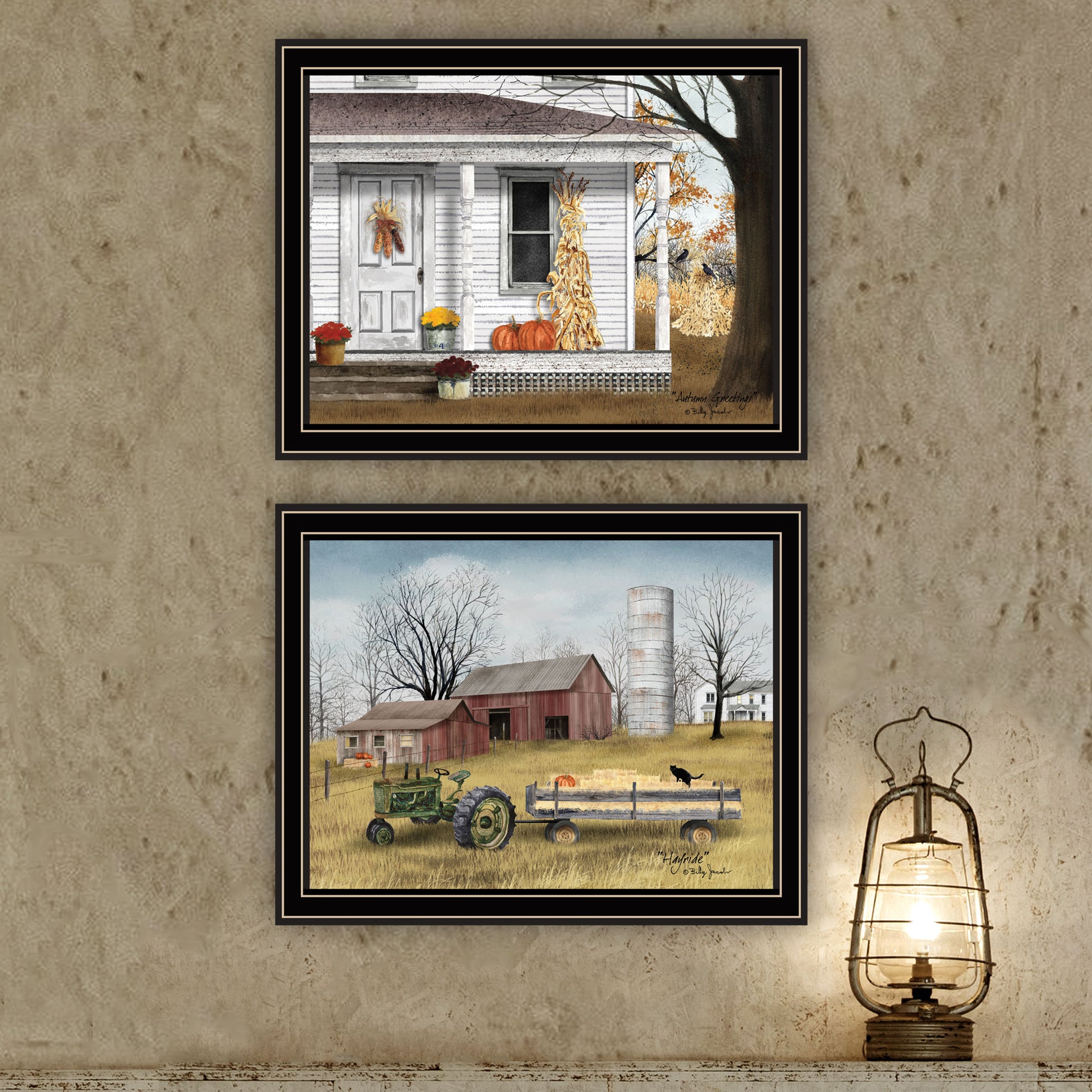 2 Piece Vignette Autumn Greetings Black Framed Wall Art For Living Room, Bedroom Wall Art Print For Home Decor By Billy Jacobs Multicolor Wood Paper