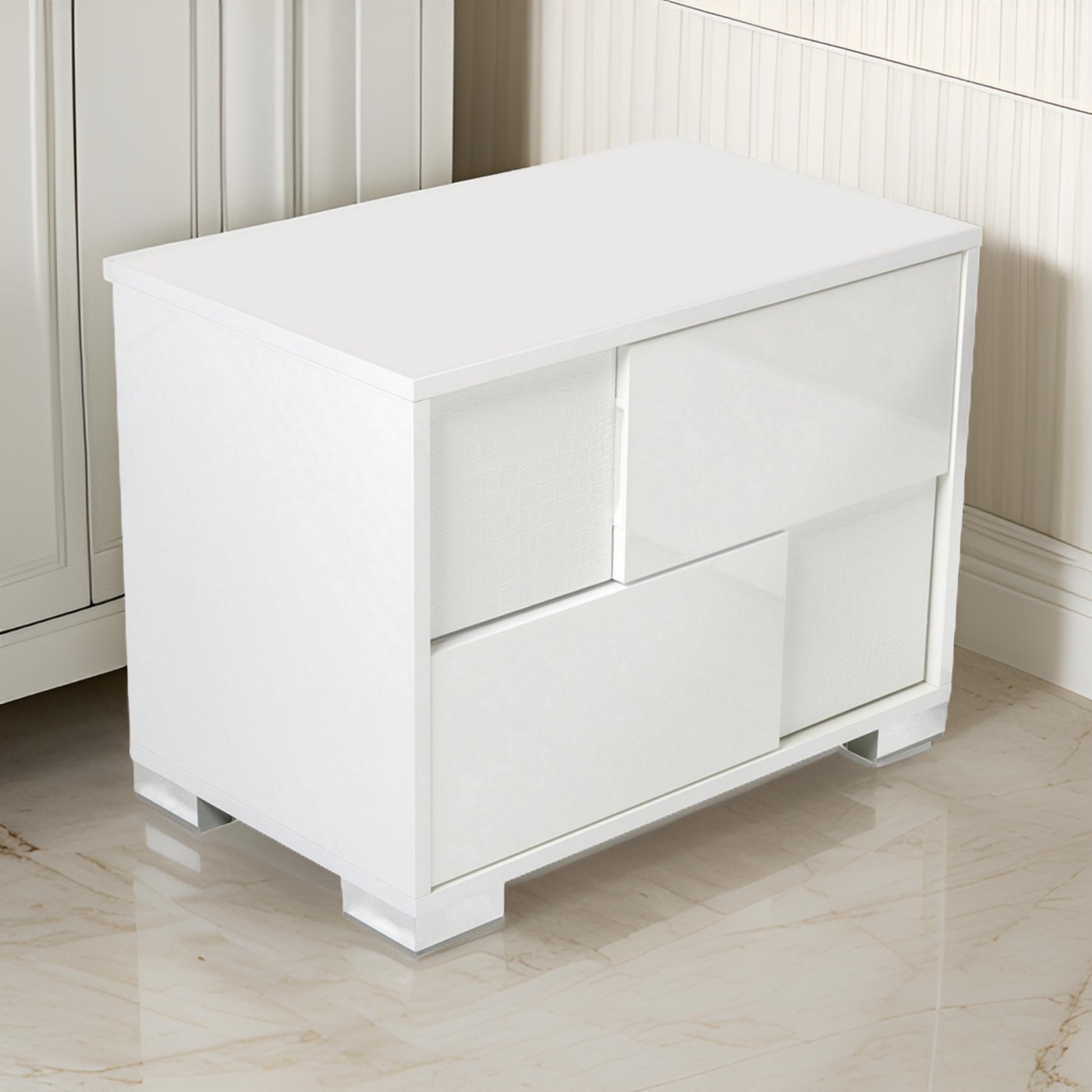 Cid Mina 24 Inch Nightstand, 2 Drawers, High Gloss Lacquer Finish, White White Wood