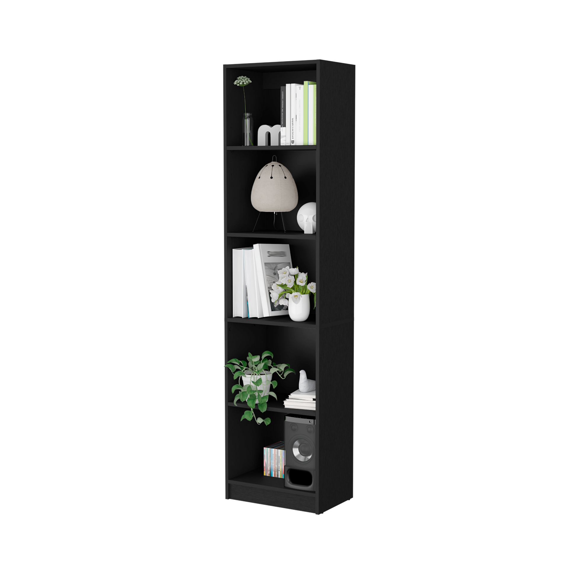 Sutton Slim Bookcase With Modern 5 Shelf Design Black Particle Board Engineered Wood