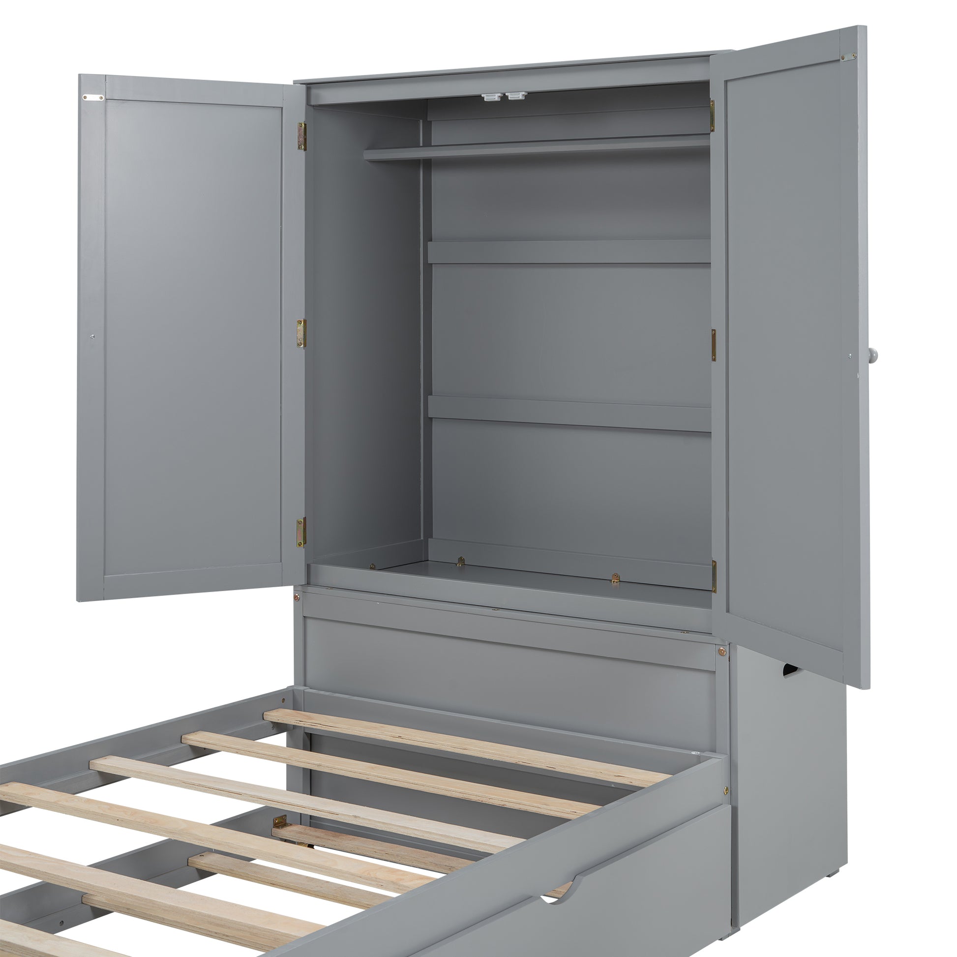 Twin Size Platform Bed With Storage Headboard And Footboard, Pull Out Shelves And Twin Size Trundle, Gray Box Spring Not Required Twin Gray Wood Bedroom Bed Frame Solid Wood Mdf