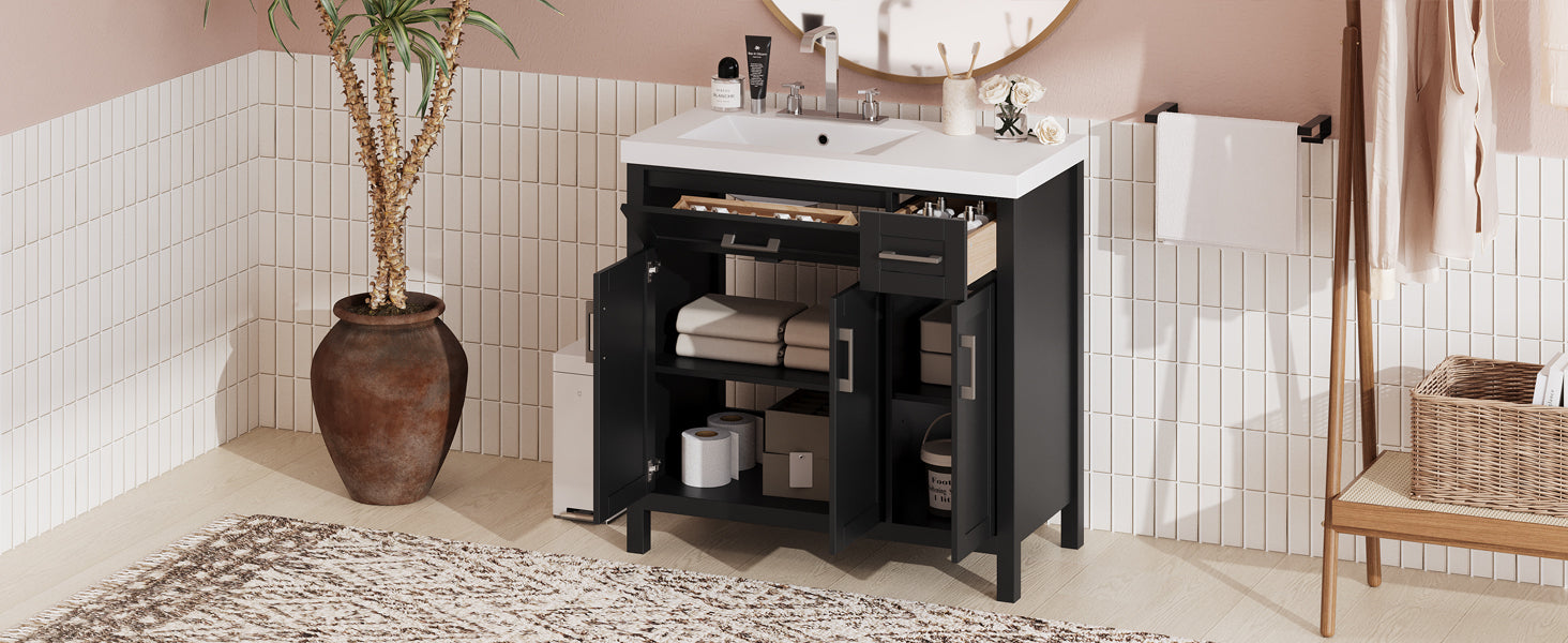 36" Black Bathroom Vanity Cabinet With Resin Integrated Sink 2 Drawers, 3 Doors Black Bathroom Solid Wood Mdf Resin