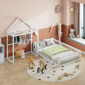 Wooden Floor Bed With Fence Railings And Detachable House Shape Headboard, Full Size Bed With Kids Dress Up Rack, Kids Montessori Style Playhouse Frame For Girls Boys, White Full White Wood