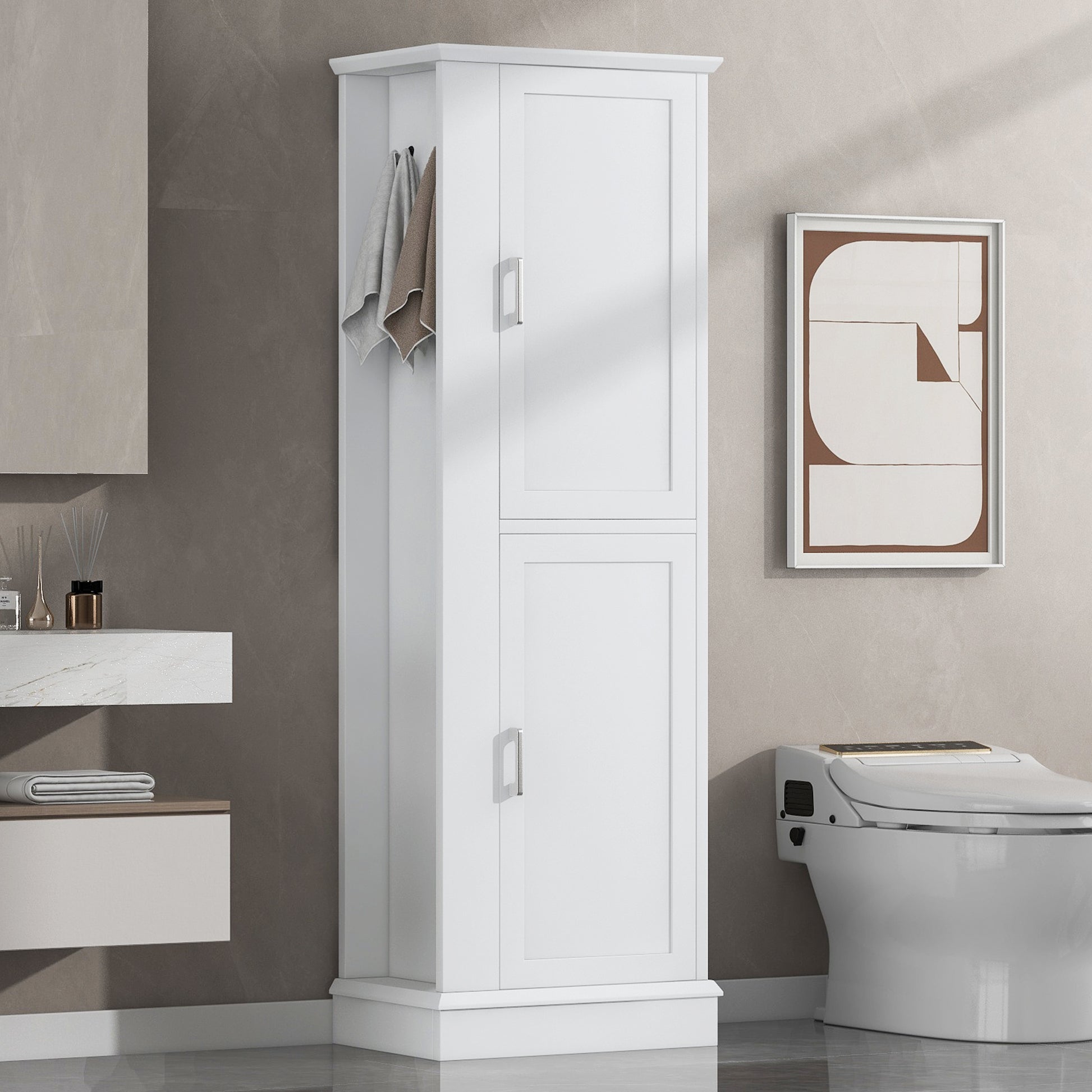 Tall Bathroom Storage Cabinet, Freestanding Storage Cabinet With Hook And Adjustable Shelf, Mdf Board, White White 2 Mdf