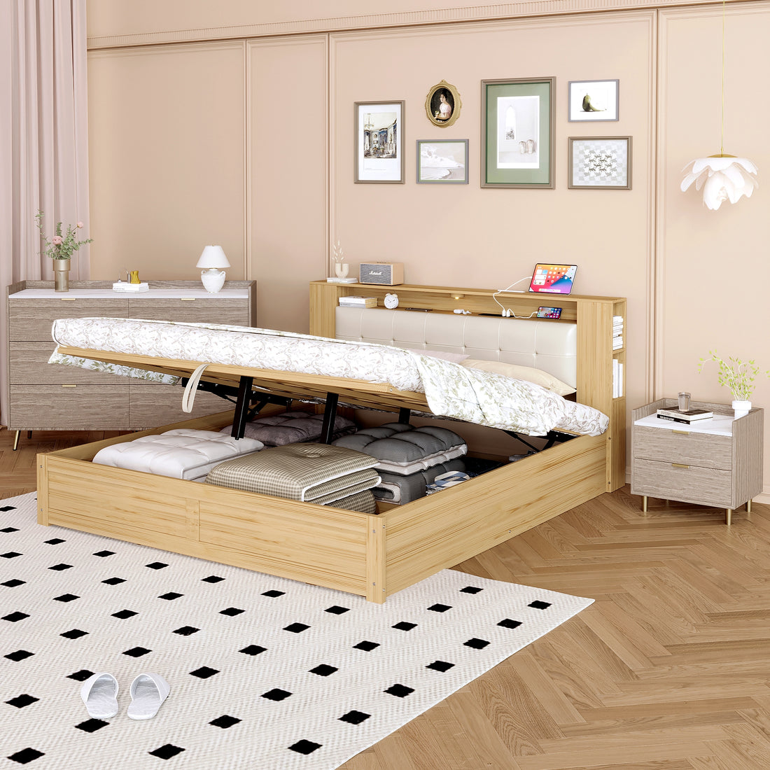 3 Pieces Bedroom Sets Queen Size Tufted Upholstered Platform Bed With Motion Activated Night Lights And Usb Charger, Modern Storage Nightstand And Dresser, Natural Queen Natural 3 Piece Set Wood
