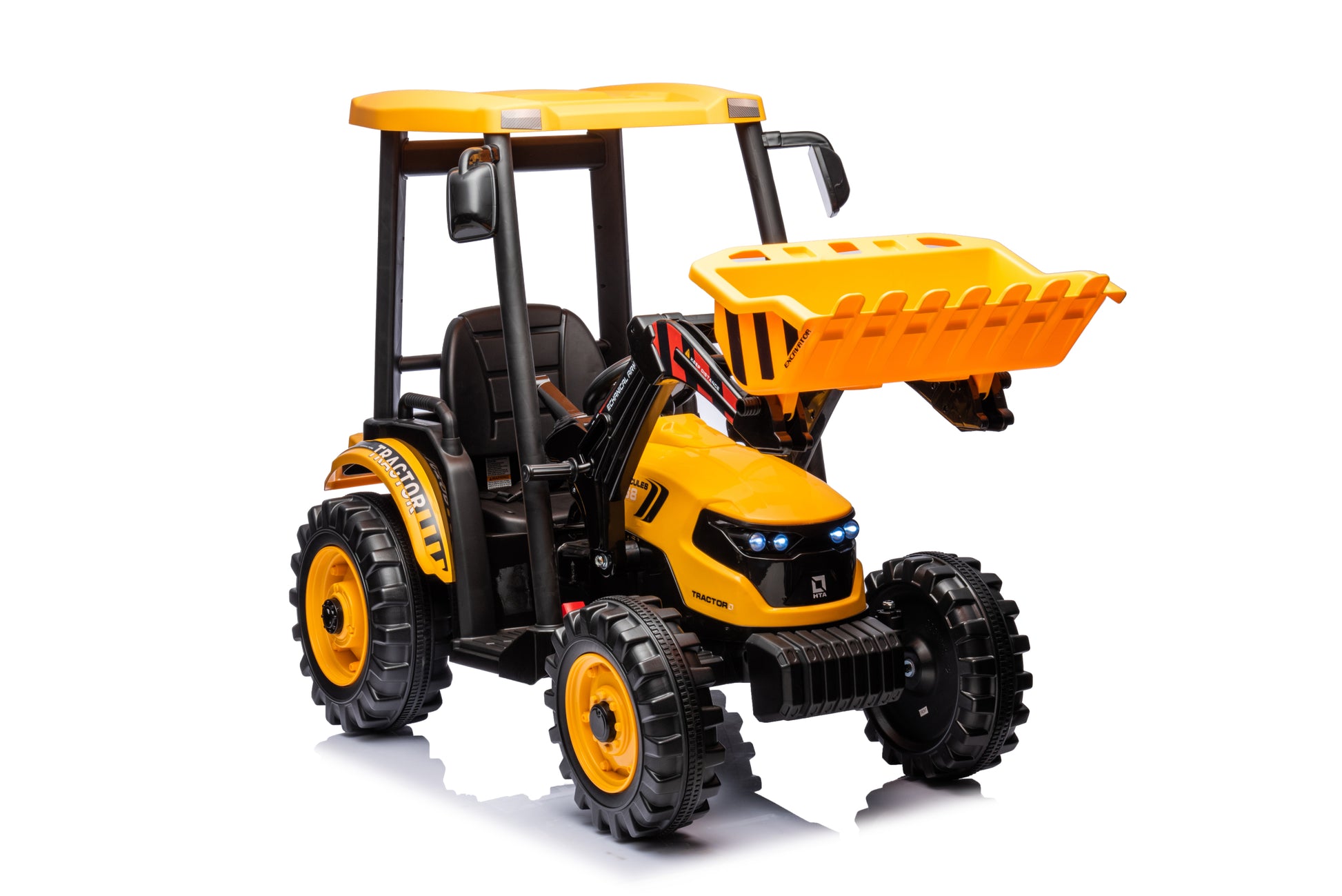 Pedal Tractors With Working Loader And Backhoe Digger, Kids' Ride On Car Toys 24V Battery Powered Electric Vehicles With Trailer, Digger For Toddlers Yellow Yellow Plastic