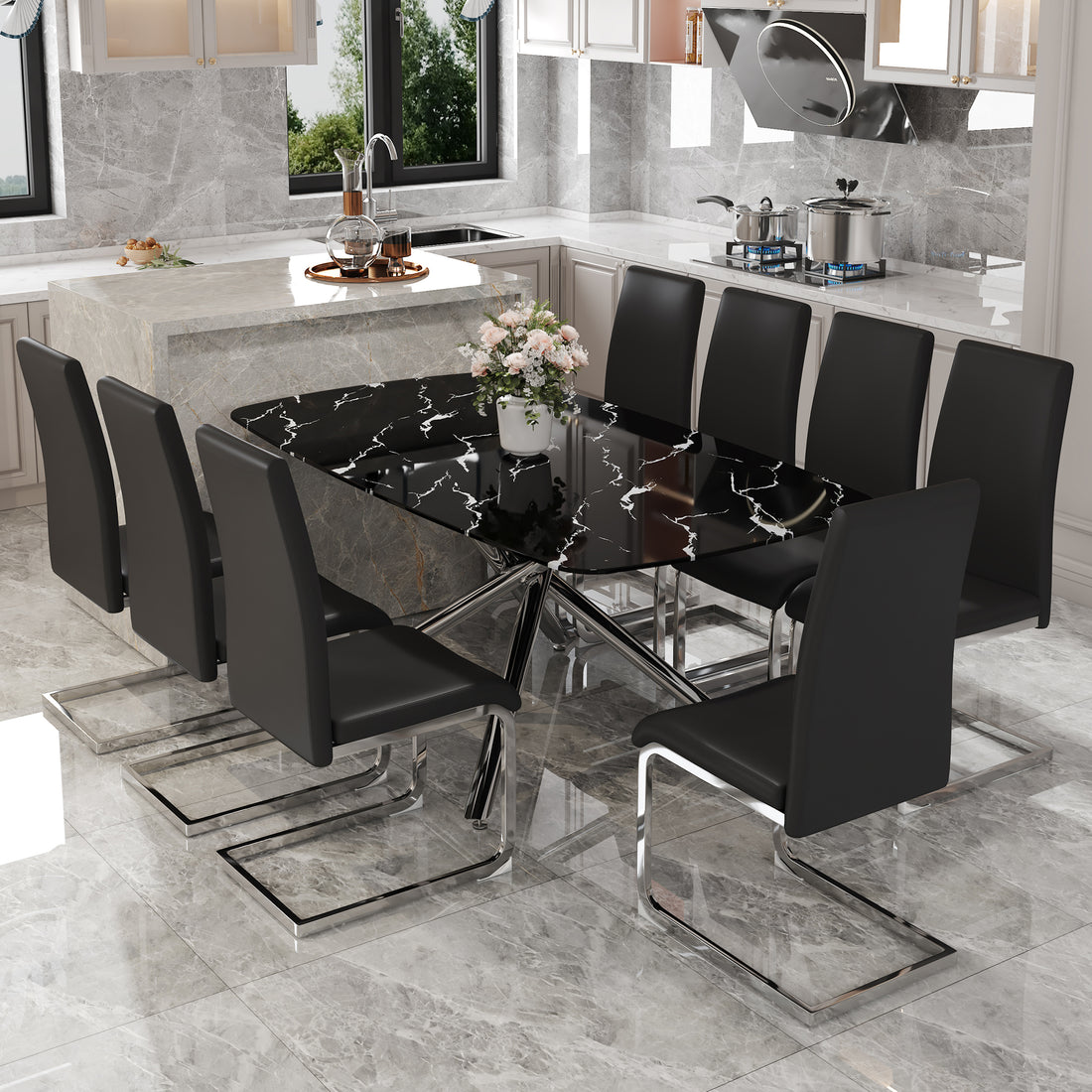 Table And Chair Set, Large Modern Minimalist Rectangular Dining Table, 0.39 Inch Black Imitation Marble Tabletop And Silver Metal Legs, Soft Leather Seats. F 1537 Silver Glass Metal