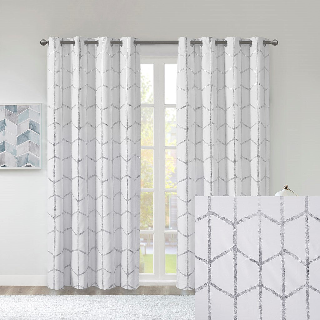 Total Blackout Metallic Print Grommet Top Curtain Panel Only 1 Pc Panel White Silver Polyester