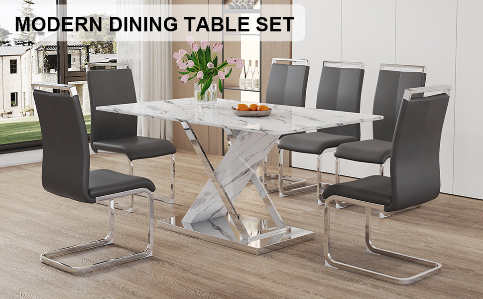 Table And Chair Set, Modern Dining Table, Imitation Marble White Top And Silver Legs, Soft And Comfortable Dining Chair, Perfect For Dinner, Meetings, Home And Office Decor Grey Silver Glass Metal